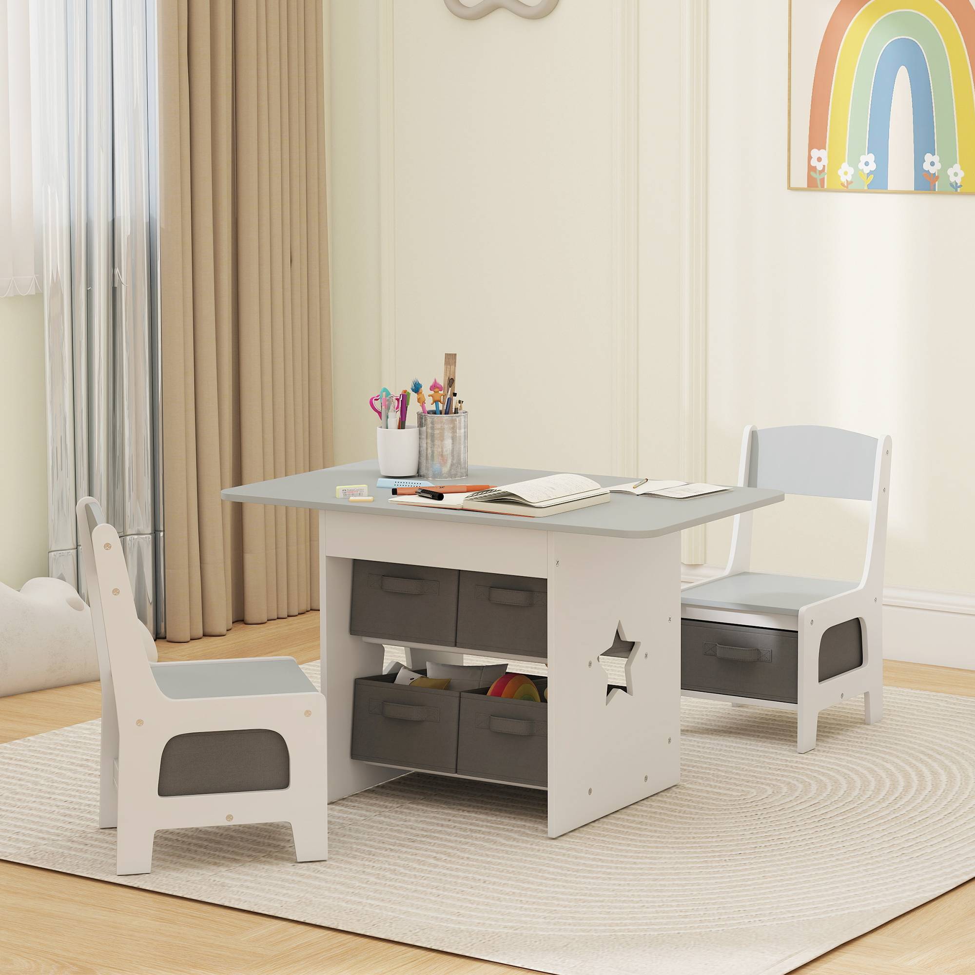 Table enfant avec 2 chaises et 6 tiroirs en tissu, motif étoiles, pour garçons et filles de 3 à 8 ans, gris clair - Image 4
