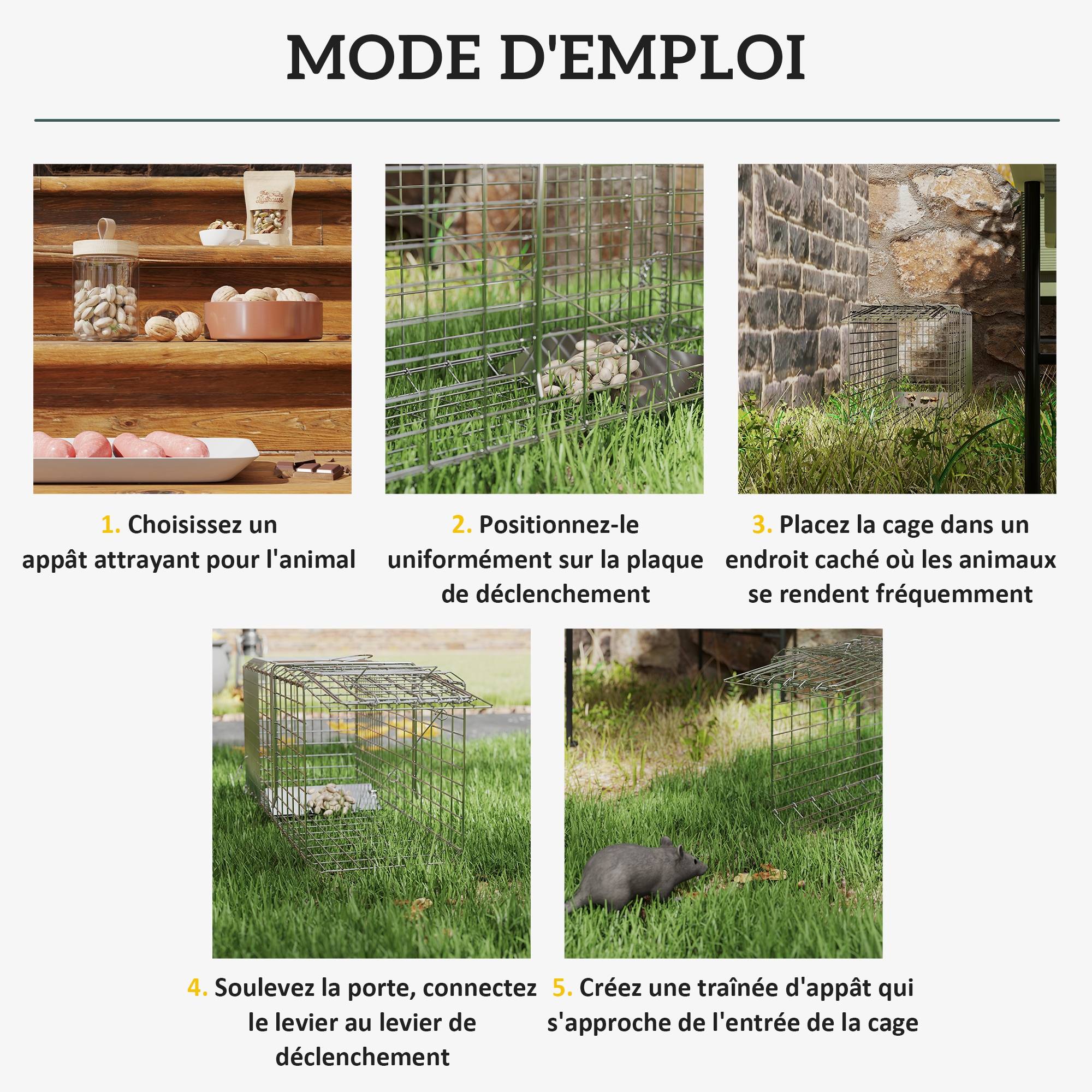 Piège cage de capture pliante pour petits animaux type rat et souris - 2 portes poignée 66 x 24 x 30,5 cm acier gris - Image 7