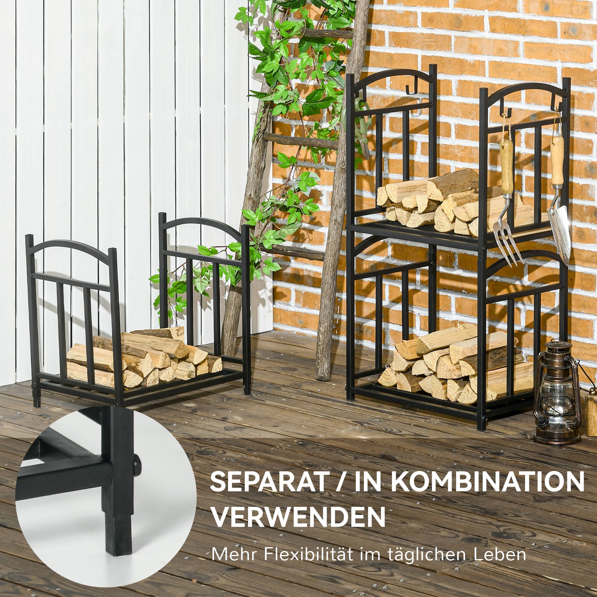 ComfortXL - Porte-bûches métal noir 46 x 32 x 126 cm intérieur extérieur 3 niveaux avec crochets pour accessoires - Image 4