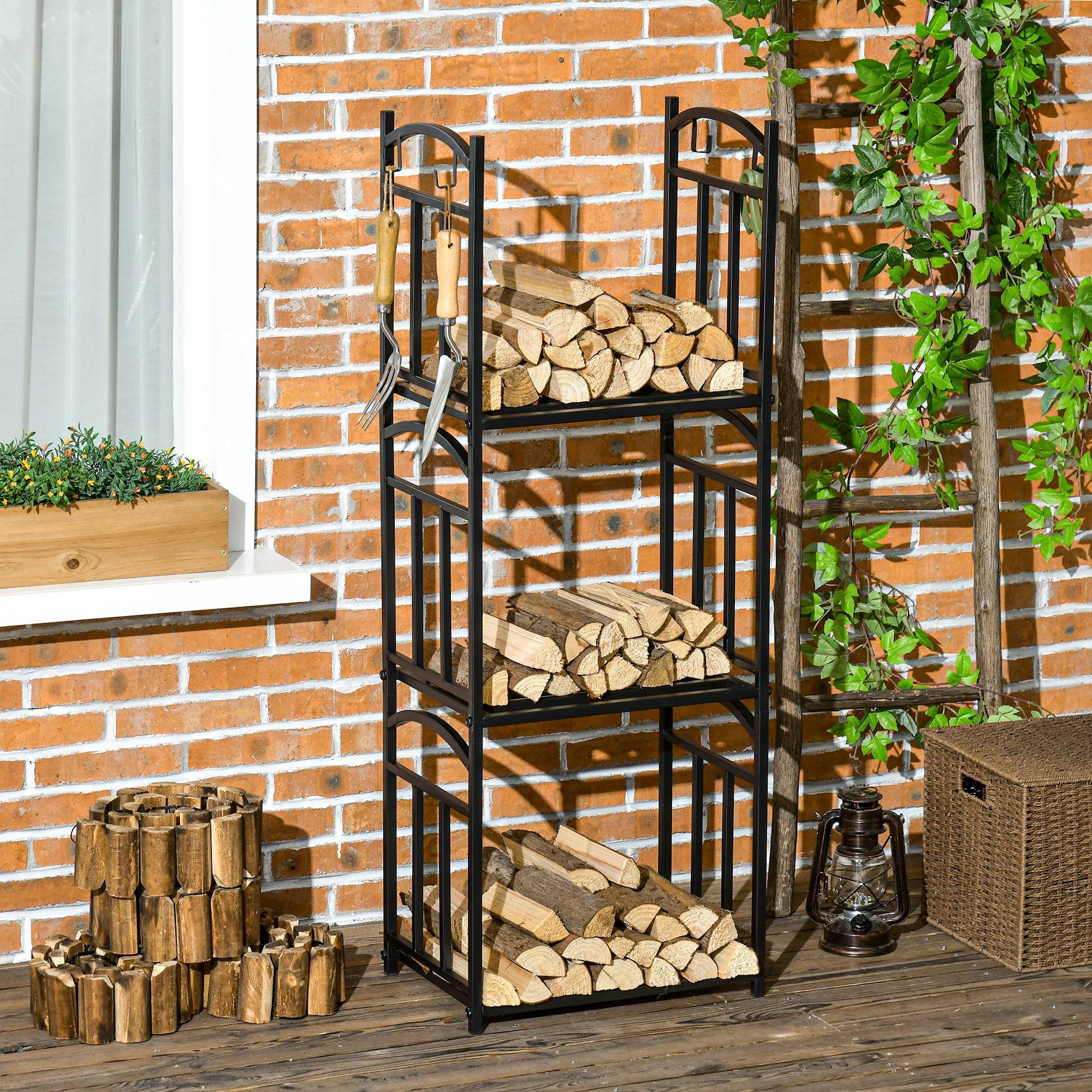 ComfortXL - Porte-bûches métal noir 46 x 32 x 126 cm intérieur extérieur 3 niveaux avec crochets pour accessoires - Image 8
