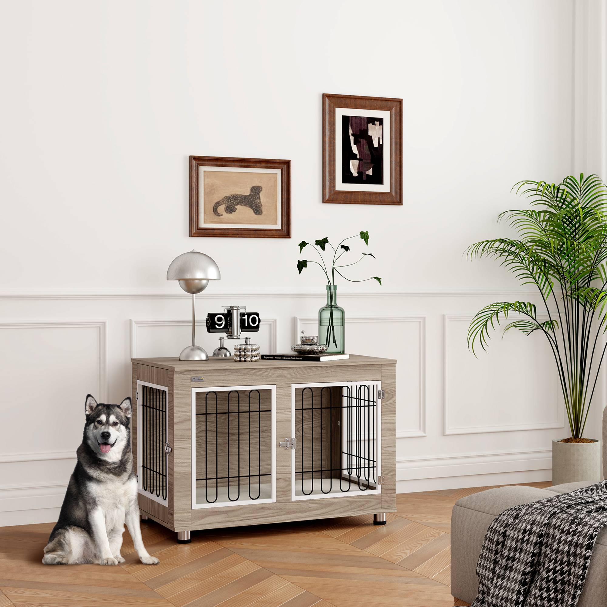 Cage chien intérieur Acier Bois Table d'appoint avec Coussin 90x58x65cm Noyer - ComfortXL Outdoor Living - Image 4