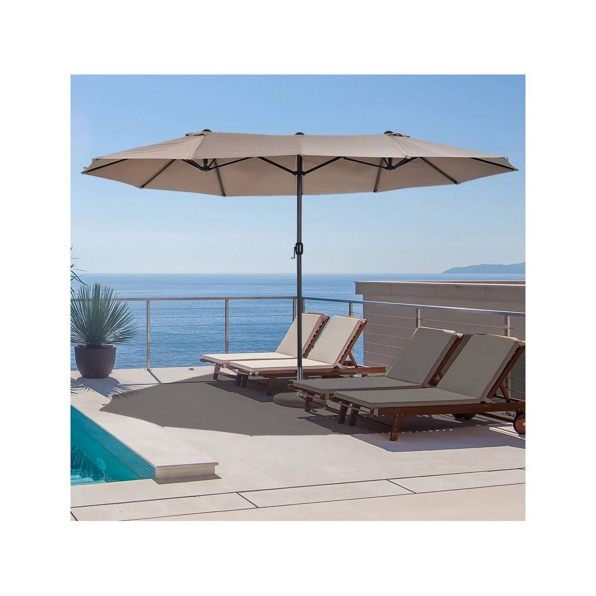 Parasol de terrasse double Marron Taupe 4.50 x 2.65 x H 2.40 Toile polyester TWIN KZ GARDEN - Image 2