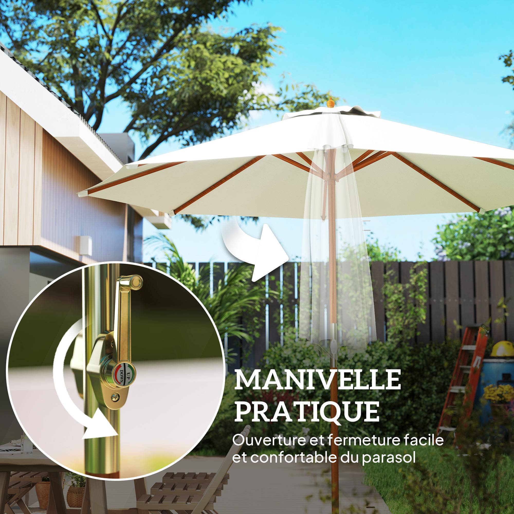 Parasol de jardin extérieur rond Ø 2,7 x 2,5 m avec ouverture fermetur - Polyester Beige fr263 - Image 6