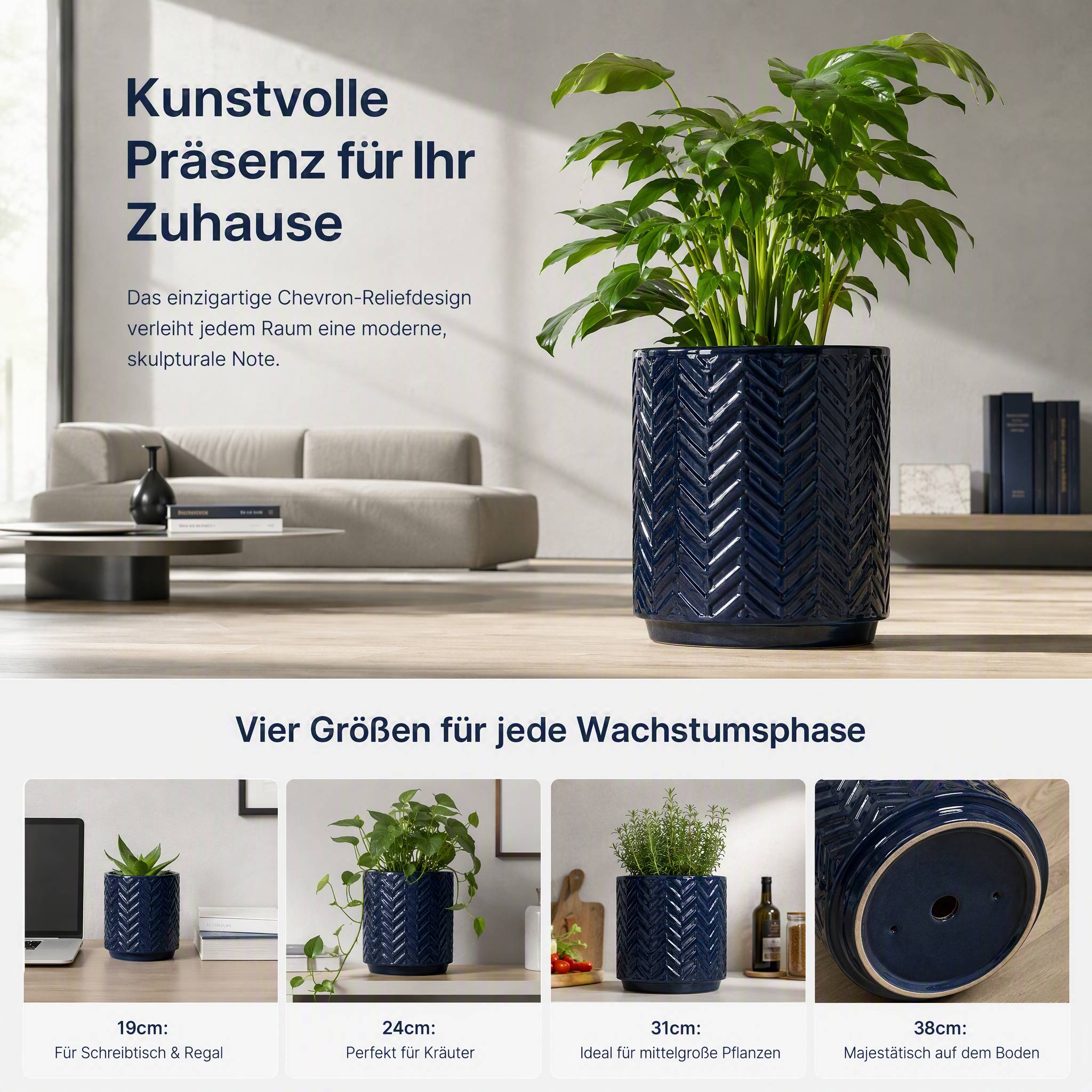 ComfortXL - Grand pot de fleurs en céramique bleu marine brillant Ø38 cm intérieur balcon jardin avec trou de drainage - Image 7