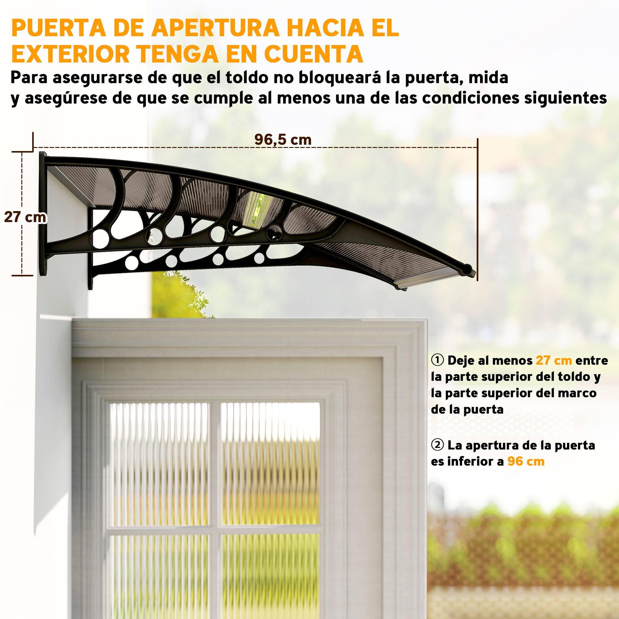 Auvent Extérieur pour Porte et Fenêtre 103 x 96,5 x 27 cm, Protection Soleil et Pluie, Support Aluminium, Polycarbonate Brun - Image 9