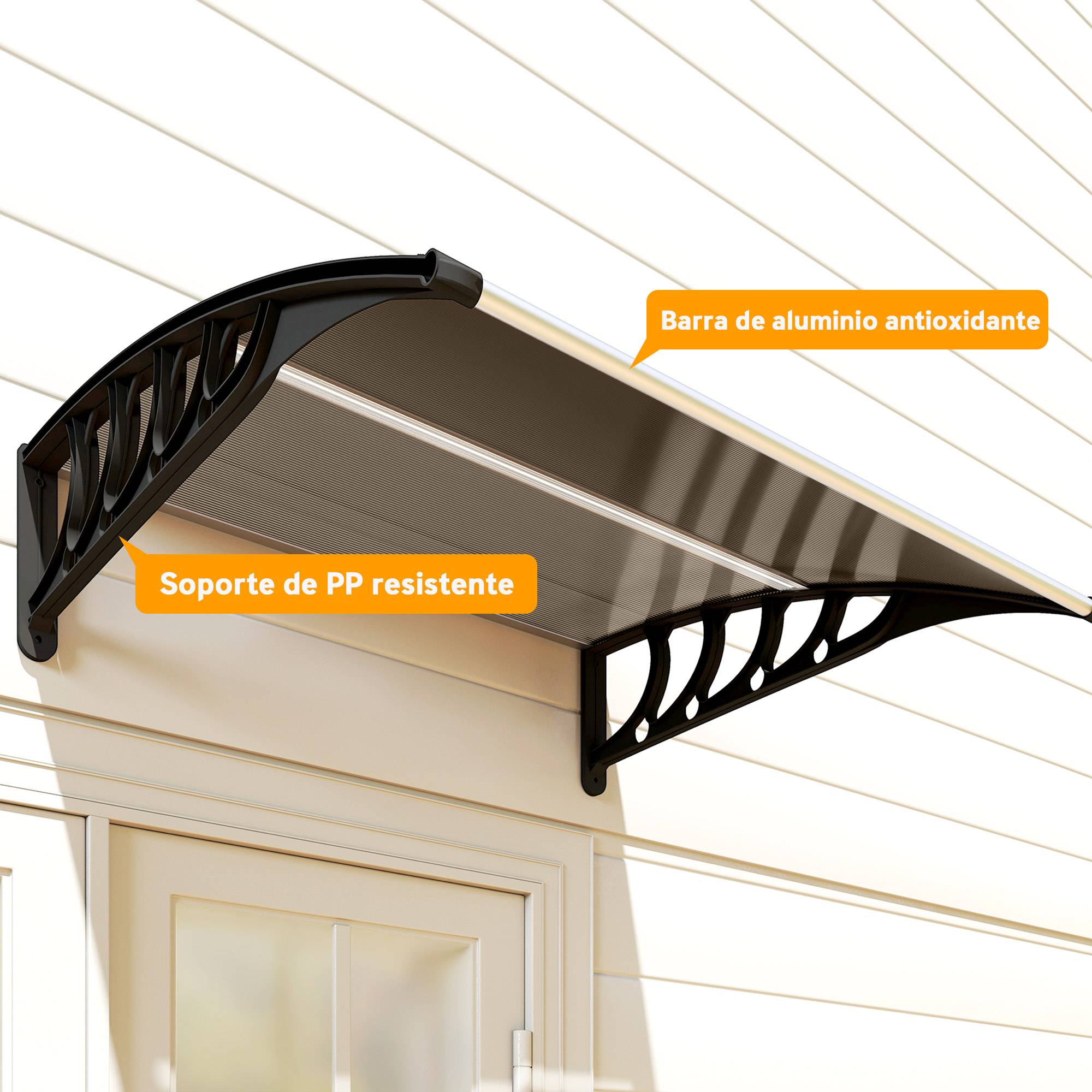 Auvent Extérieur pour Porte et Fenêtre 103 x 96,5 x 27 cm, Protection Soleil et Pluie, Support Aluminium, Polycarbonate Brun - Image 10