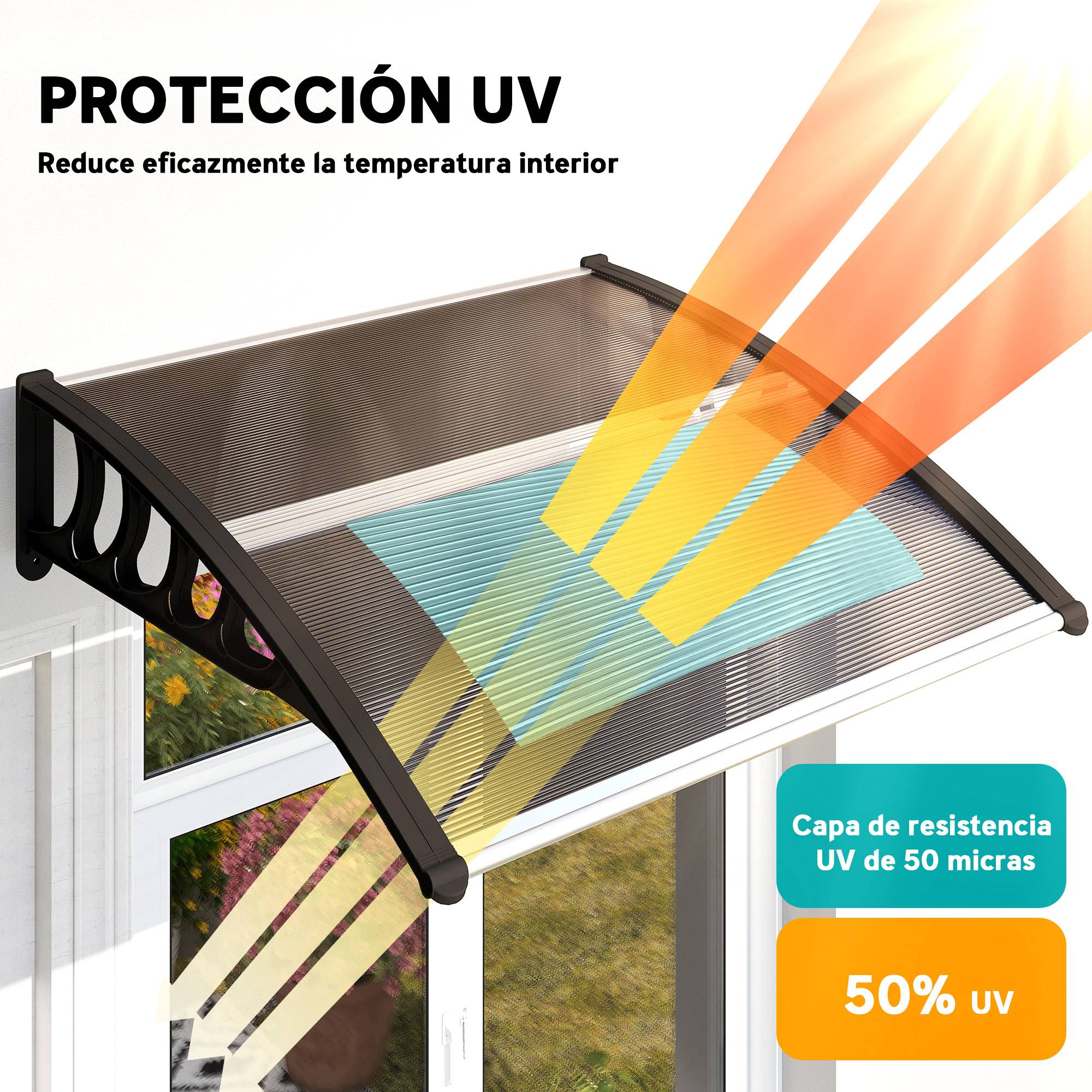 Auvent Extérieur pour Porte et Fenêtre 103 x 96,5 x 27 cm, Protection Soleil et Pluie, Support Aluminium, Polycarbonate Brun - Image 6