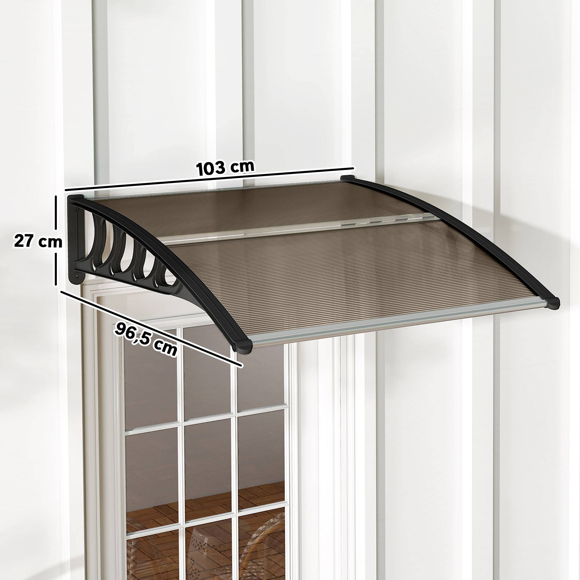 Auvent Extérieur pour Porte et Fenêtre 103 x 96,5 x 27 cm, Protection Soleil et Pluie, Support Aluminium, Polycarbonate Brun - Image 5