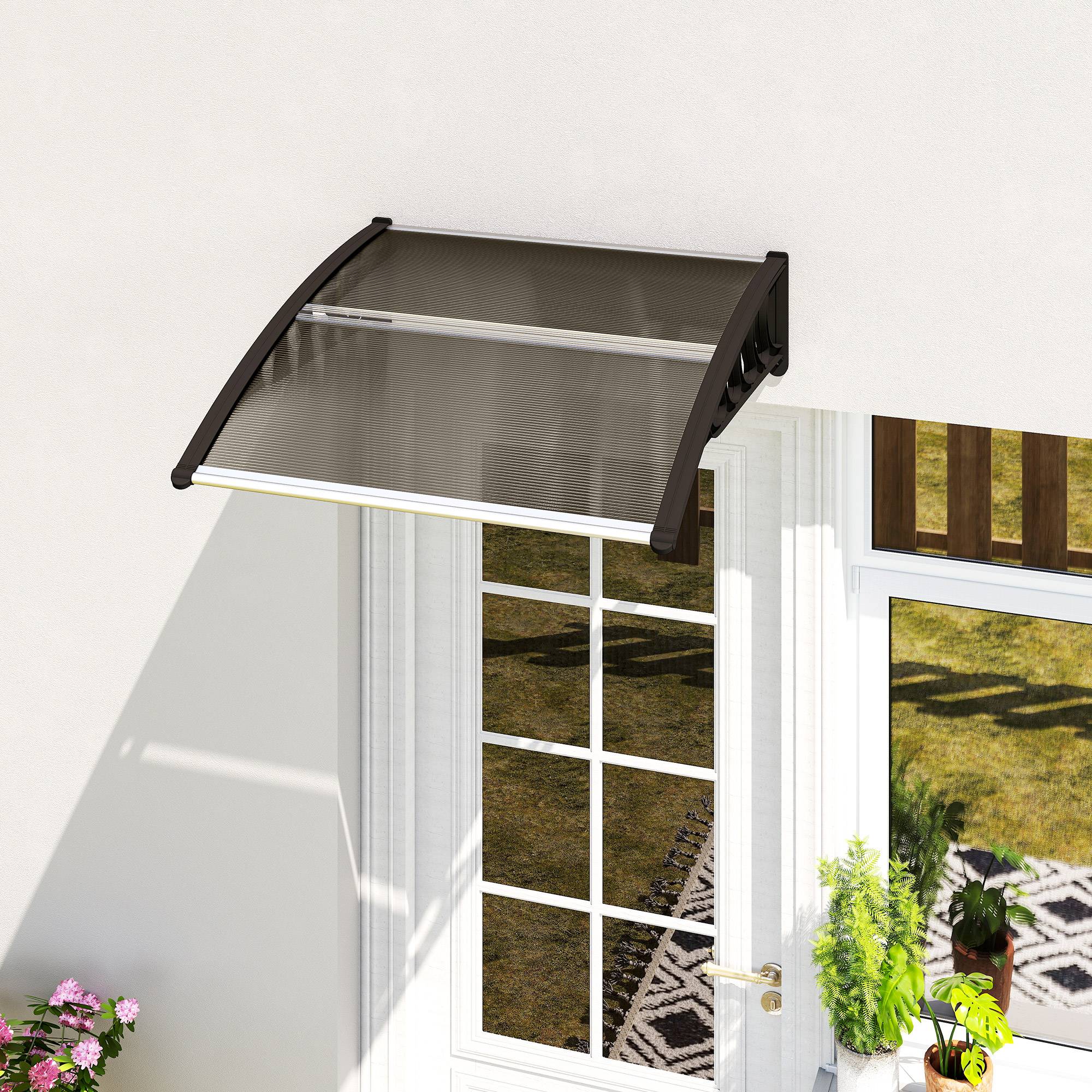 Auvent Extérieur pour Porte et Fenêtre 103 x 96,5 x 27 cm, Protection Soleil et Pluie, Support Aluminium, Polycarbonate Brun - Image 3