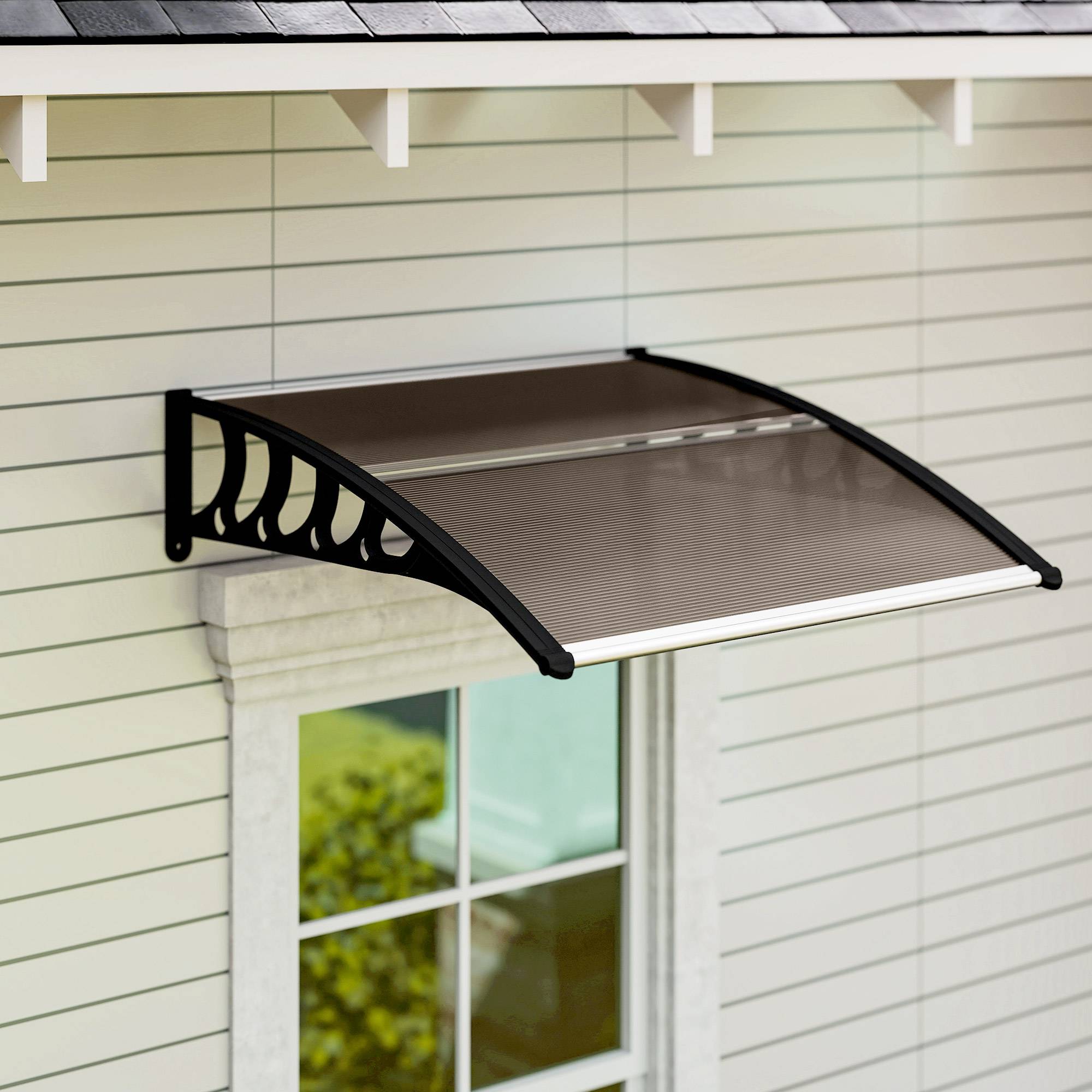 Auvent Extérieur pour Porte et Fenêtre 103 x 96,5 x 27 cm, Protection Soleil et Pluie, Support Aluminium, Polycarbonate Brun - Image 4
