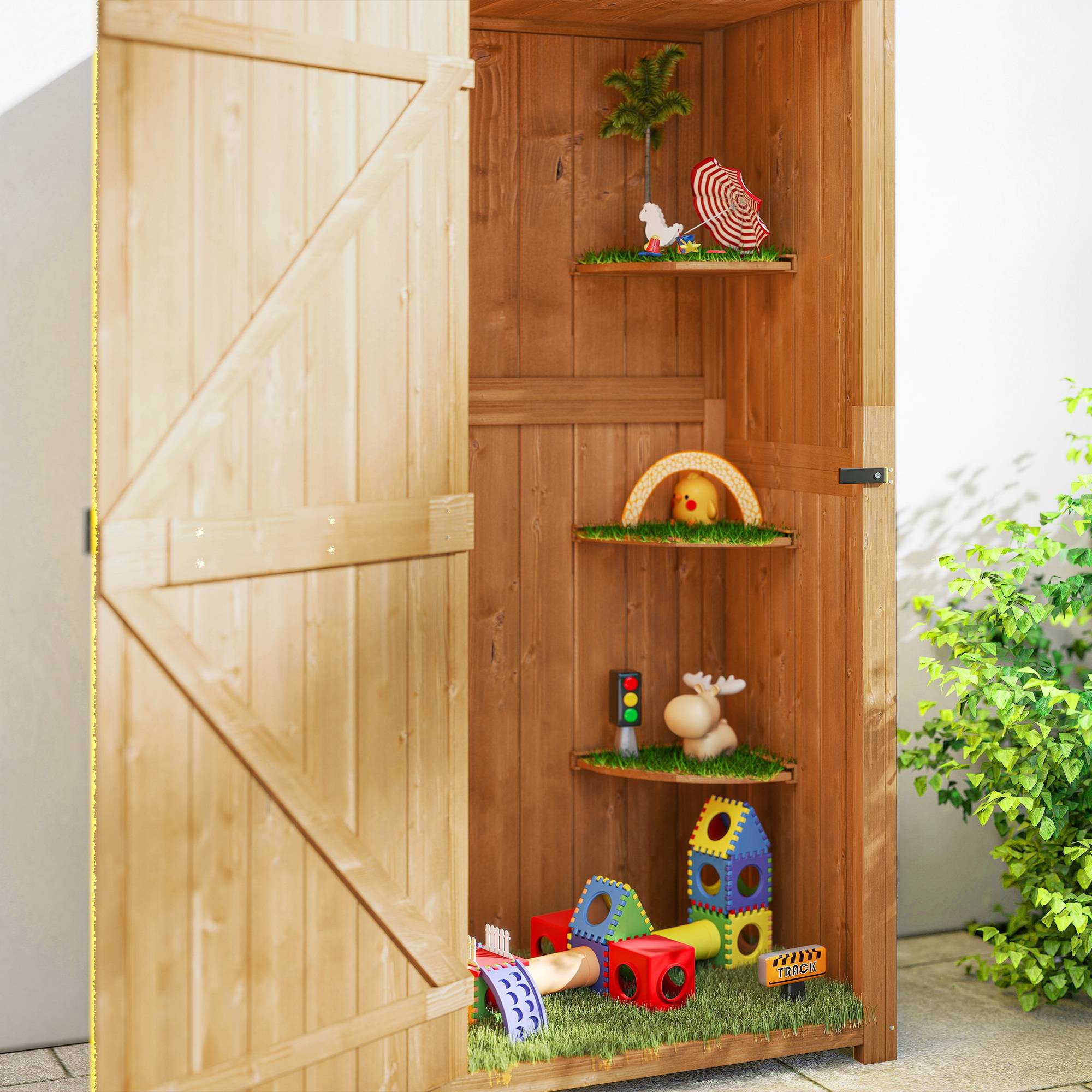 Outsunny - Armoire de jardin extérieur 77x54x179cm 3 étagères 2 portes loquets toit bitumé rangement outils terrasse en bois jaune - Outsunny - Image 9