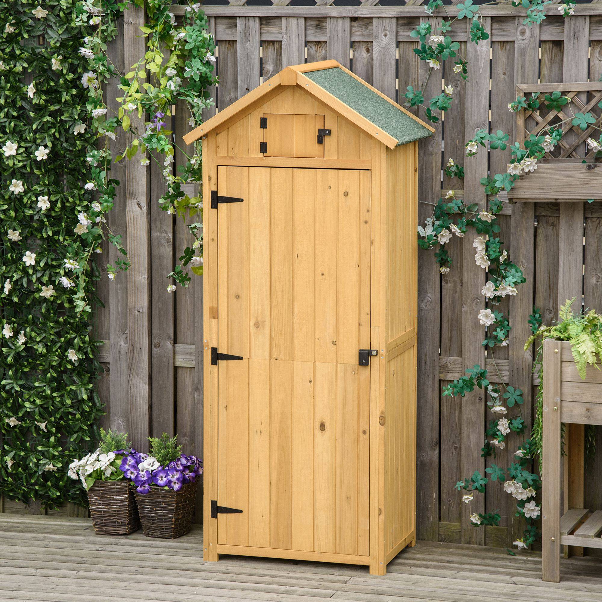 Outsunny - Armoire de jardin extérieur 77x54x179cm 3 étagères 2 portes loquets toit bitumé rangement outils terrasse en bois jaune - Outsunny - Image 2
