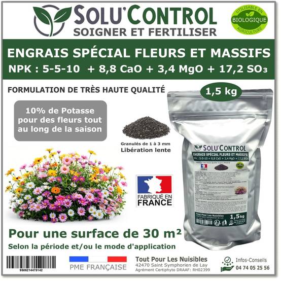 SOLU’CONTROL - 1,5 kg - Engrais Spécial Fleurs et Massifs NPK 5-5-10 - Favorise une floraison abondante, éclatante et durable - UAB - Image 1