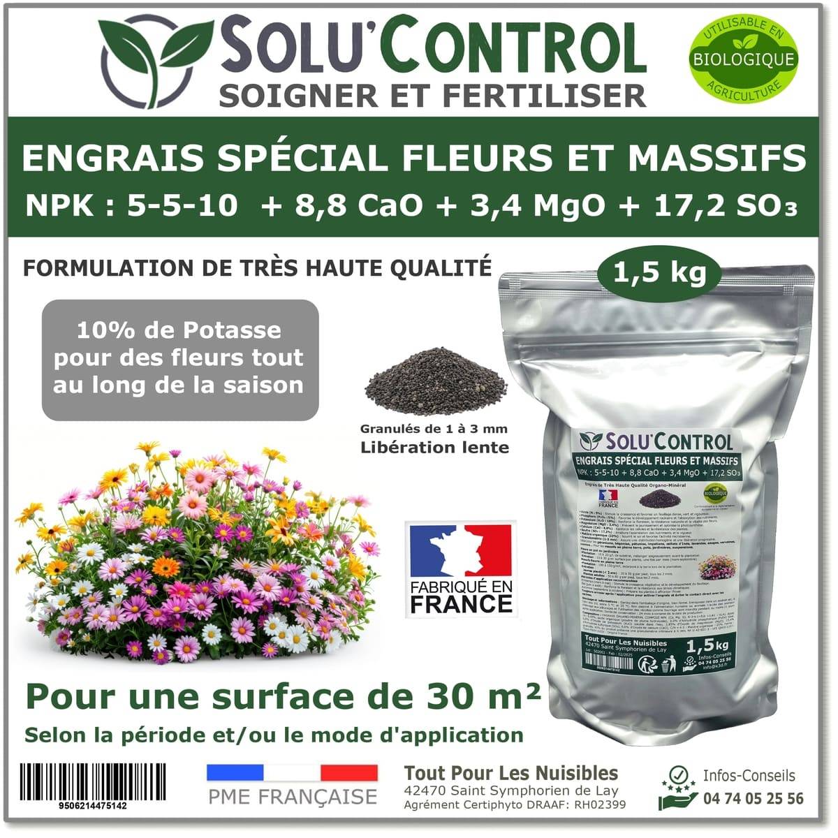 SOLU’CONTROL - 1,5 kg - Engrais Spécial Fleurs et Massifs NPK 5-5-10 - Favorise une floraison abondante, éclatante et durable - UAB - Image 1
