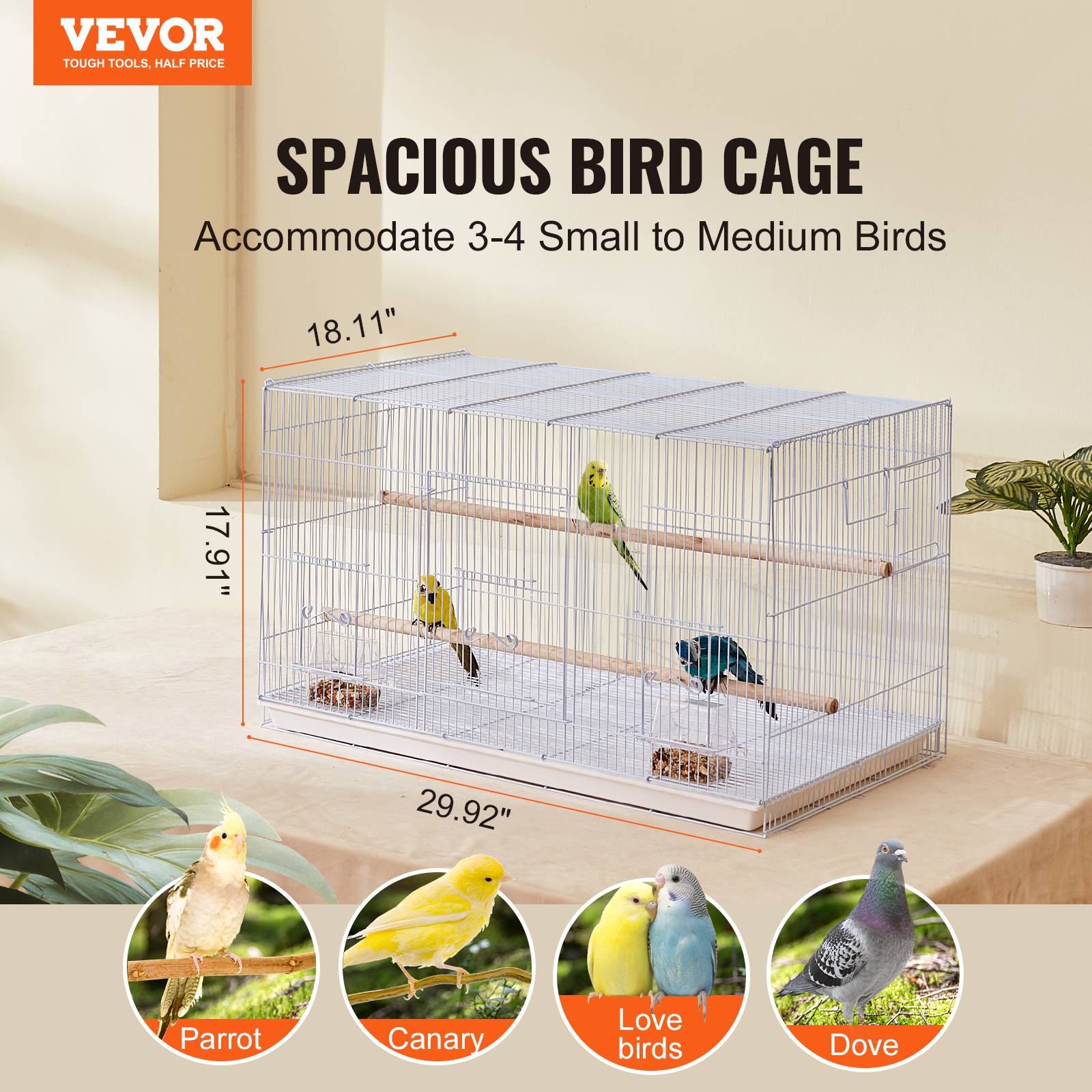 VEVOR Cage oiseau 760x460x455 mm, métal robuste, perchoirs. Voyage, perroquet, canaris, blanc. - Image 2