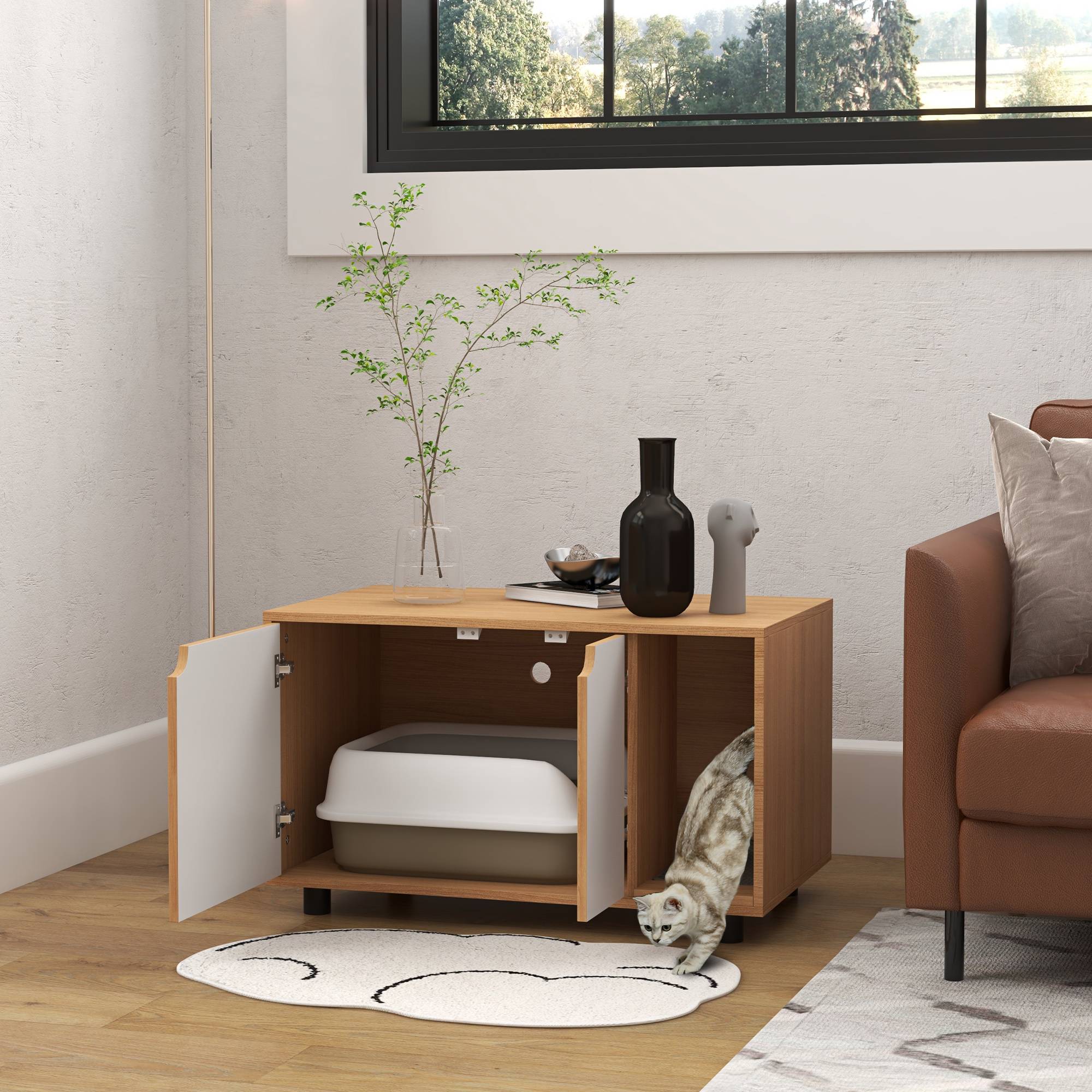 Sans Marque - Meuble à litière maison de toilette sur pieds pour chat 2 en 1 portes style scandinave 80 x 48 x 48 cm naturel et blanc - Image 3