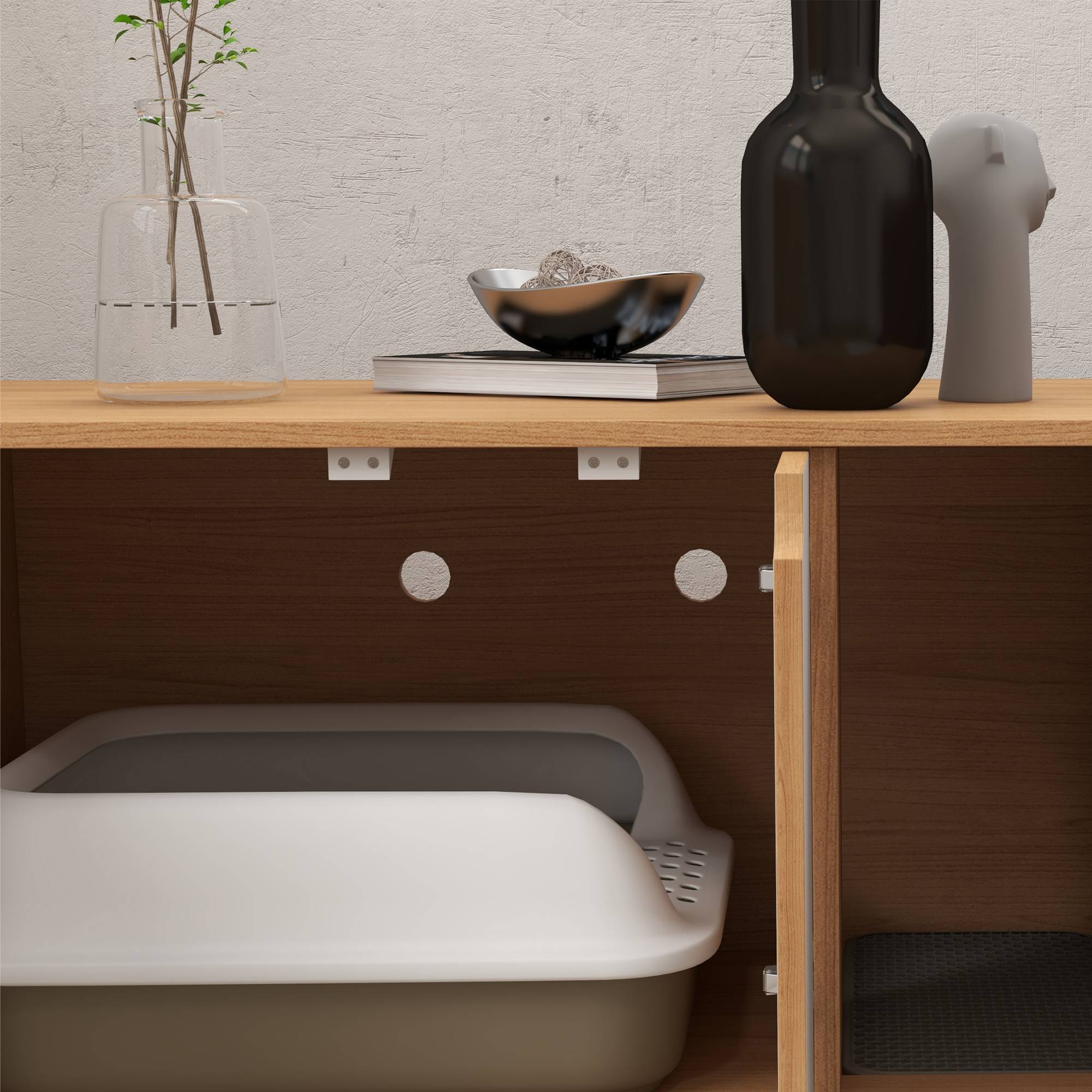 Sans Marque - Meuble à litière maison de toilette sur pieds pour chat 2 en 1 portes style scandinave 80 x 48 x 48 cm naturel et blanc - Image 10