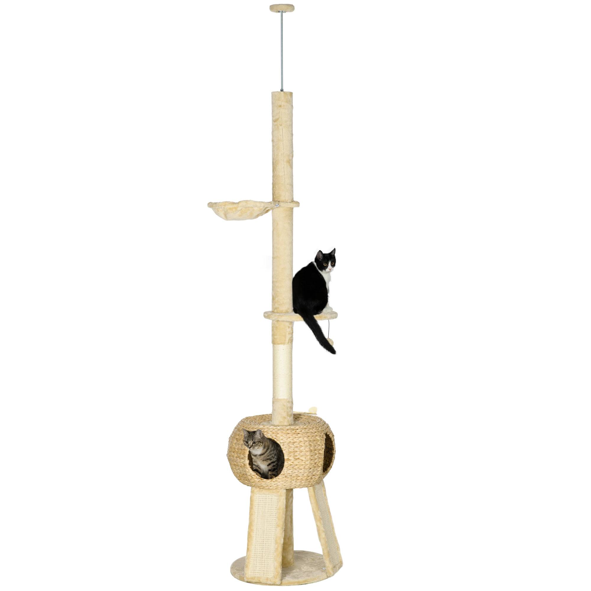 Pawhut - Arbre à chat style cosy naturel réglable H. 225-255 cm - niche, 2 rampes, plateforme, hamac - douce peluche courte beige - Image 1