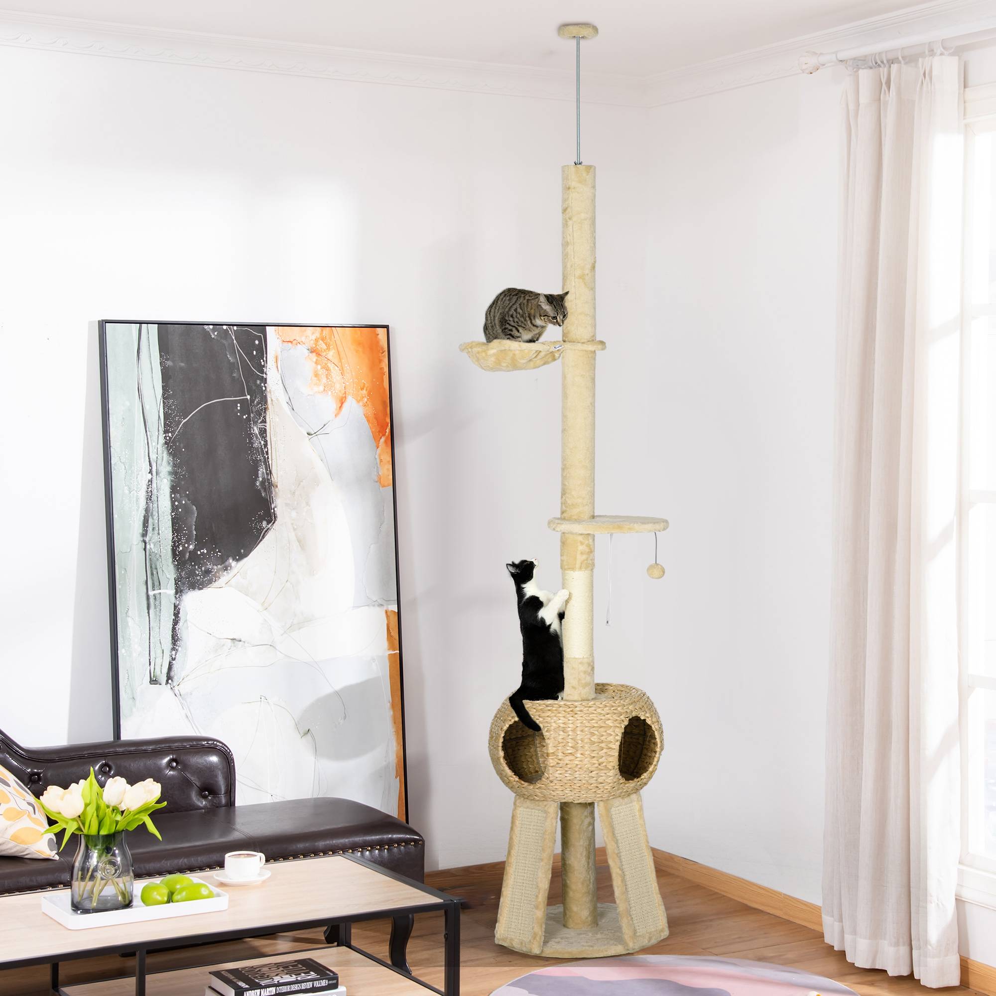 Pawhut - Arbre à chat style cosy naturel réglable H. 225-255 cm - niche, 2 rampes, plateforme, hamac - douce peluche courte beige - Image 2