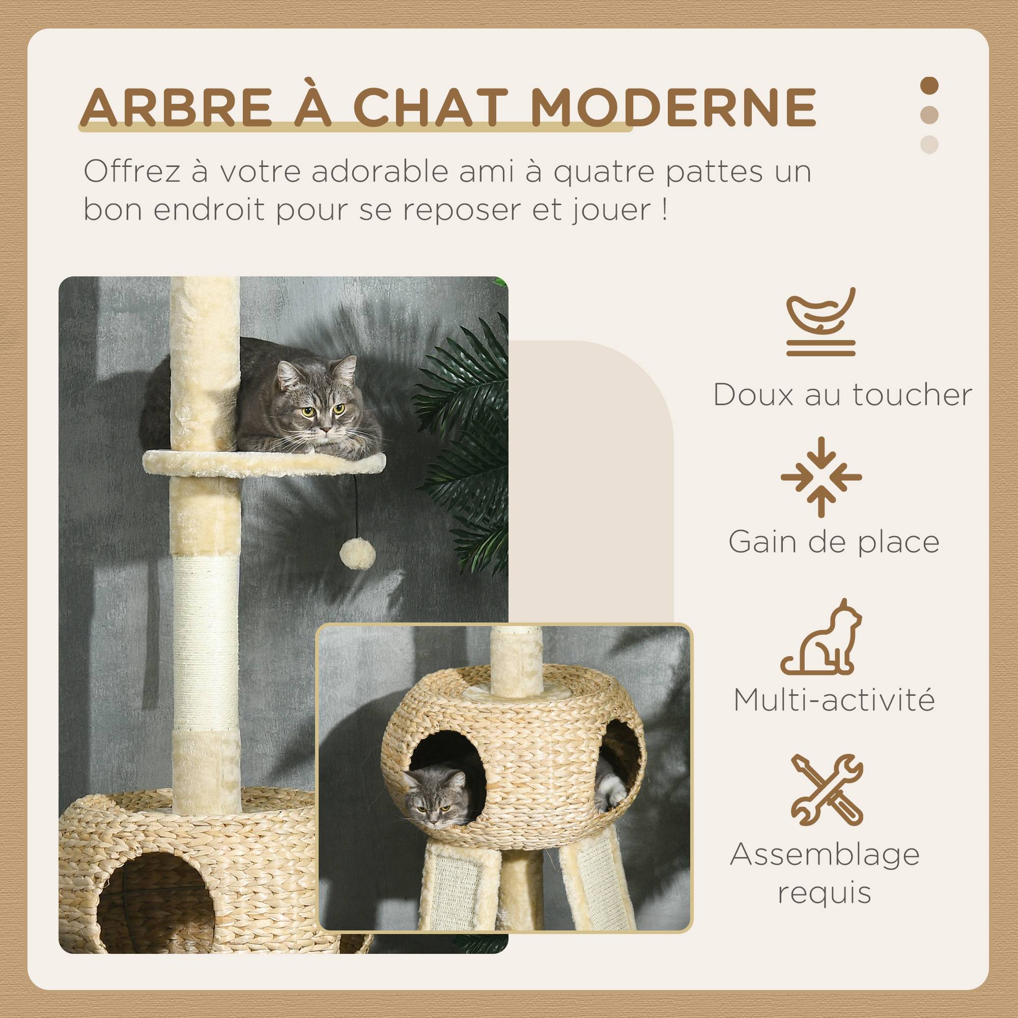 Pawhut - Arbre à chat style cosy naturel réglable H. 225-255 cm - niche, 2 rampes, plateforme, hamac - douce peluche courte beige - Image 4