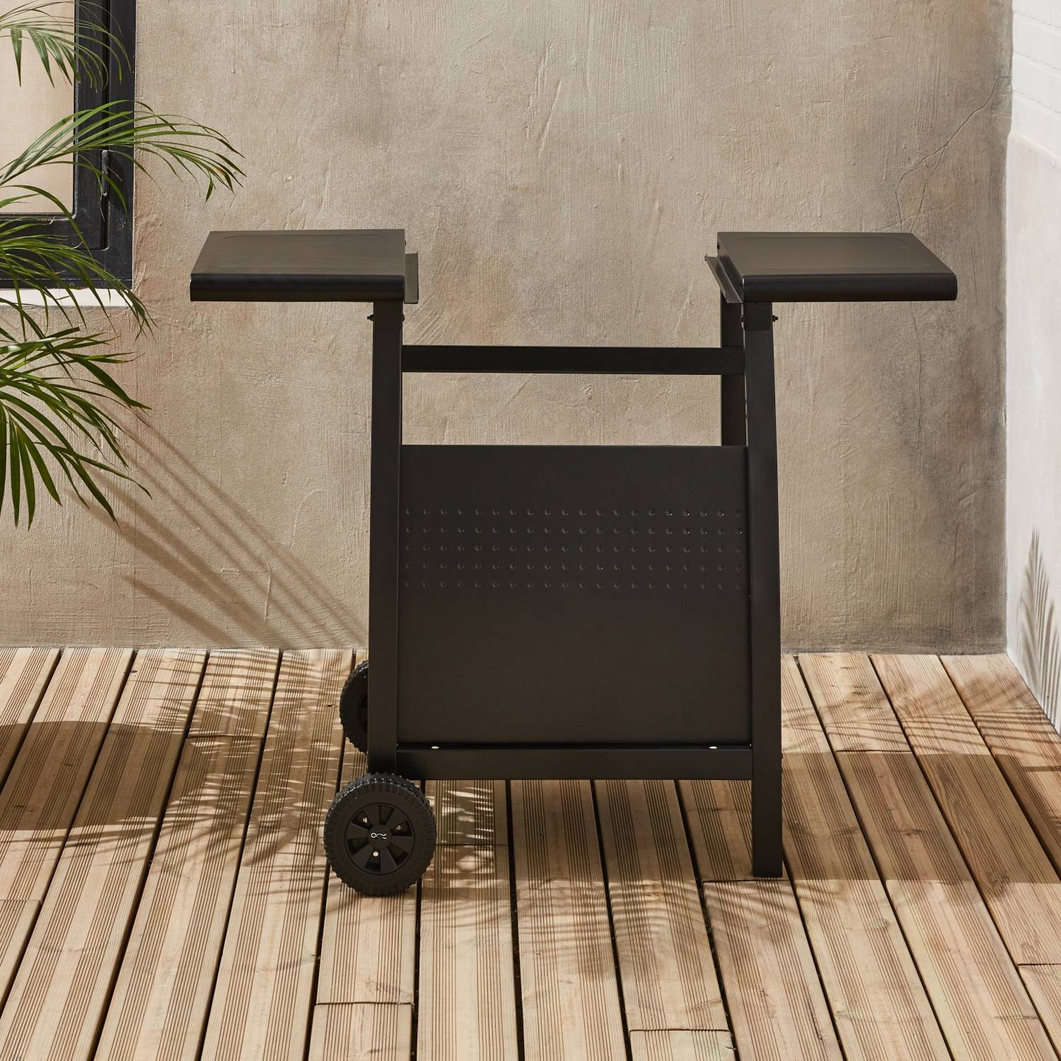sweeek - Desserte pour plancha au gaz - Chariot Porthos 2 brûleurs - Chariot barbecue noir. cuisine extérieure. roulettes | sweeek