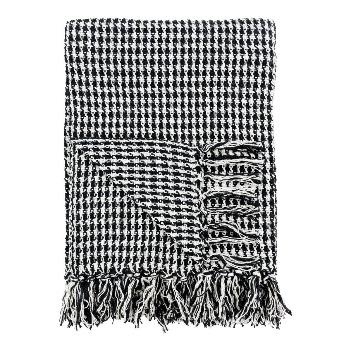 Aubry Gaspard - Plaid en Coton Pied de Poule Noir et Blanc avec Franges - Image 1
