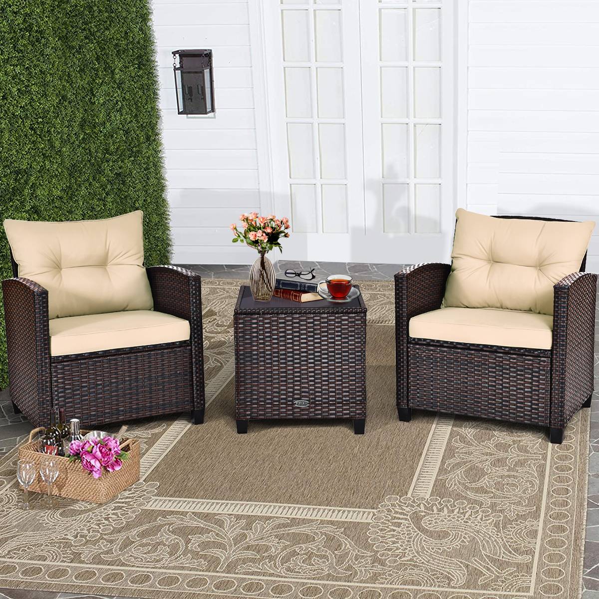 Salon de Jardin en Rotin PE 3 Pièces 2 Places avec Coussins Lavables 1 Table en Verre Trempé F214R - Image 3