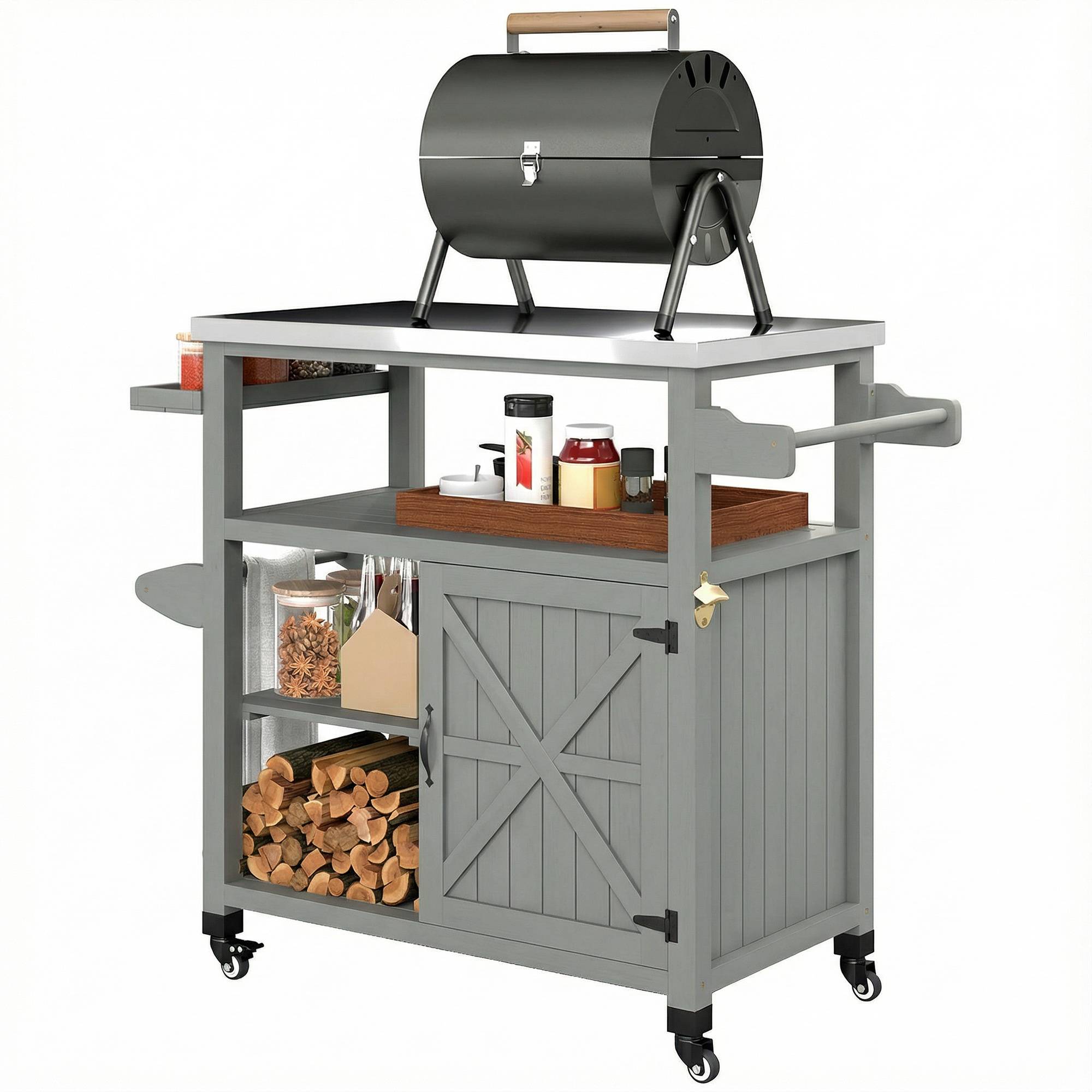 ComfortXL - Desserte barbecue bois de sapin inox 107 x 49,5 x 92,5 cm grise rangement mobile - ComfortXL Outdoor Living