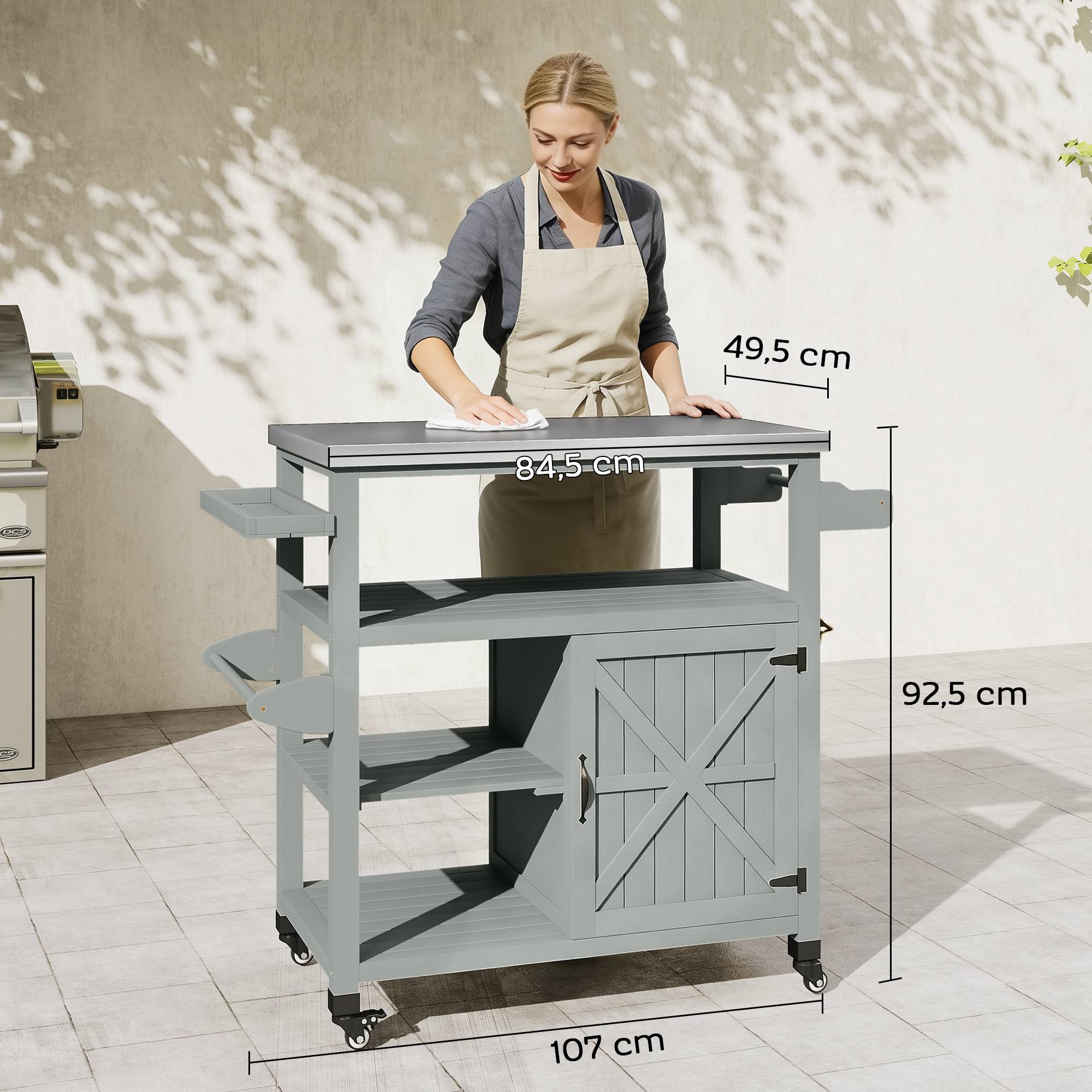 ComfortXL - Desserte barbecue bois de sapin inox 107 x 49,5 x 92,5 cm grise rangement mobile - ComfortXL Outdoor Living - Image 4