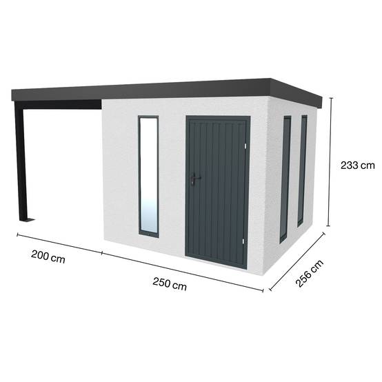Abri de jardin en métal finition crépi 2500 x 2560 mm blanc avec auvent à gauche 2000 x 2560 mm anthracite. - Image 1