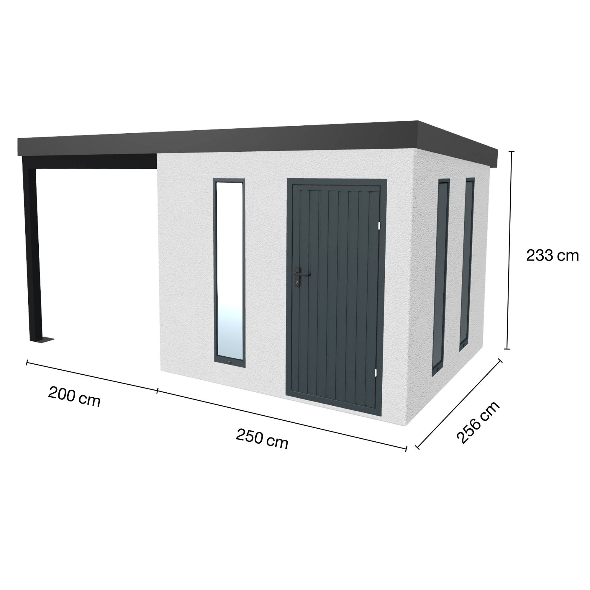 Abri de jardin en métal finition crépi 2500 x 2560 mm blanc avec auvent à gauche 2000 x 2560 mm anthracite. - Image 1