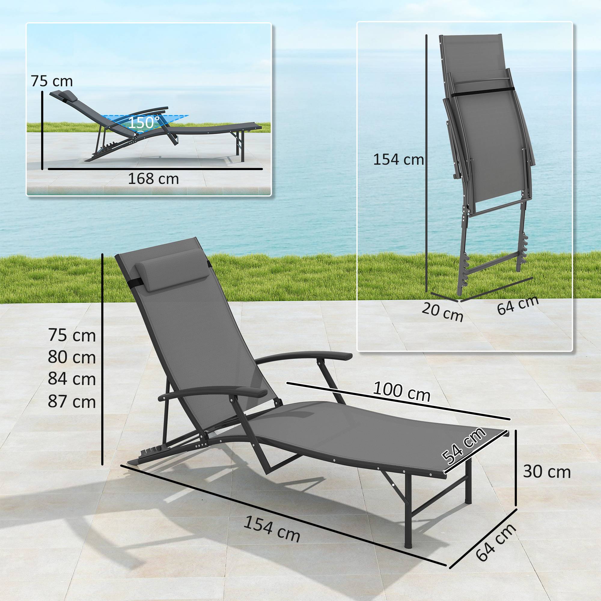 Lot de 2 chaises longues jardin pliantes dossier réglable 4 niveaux coussin gris, transats extérieurs - Image 5