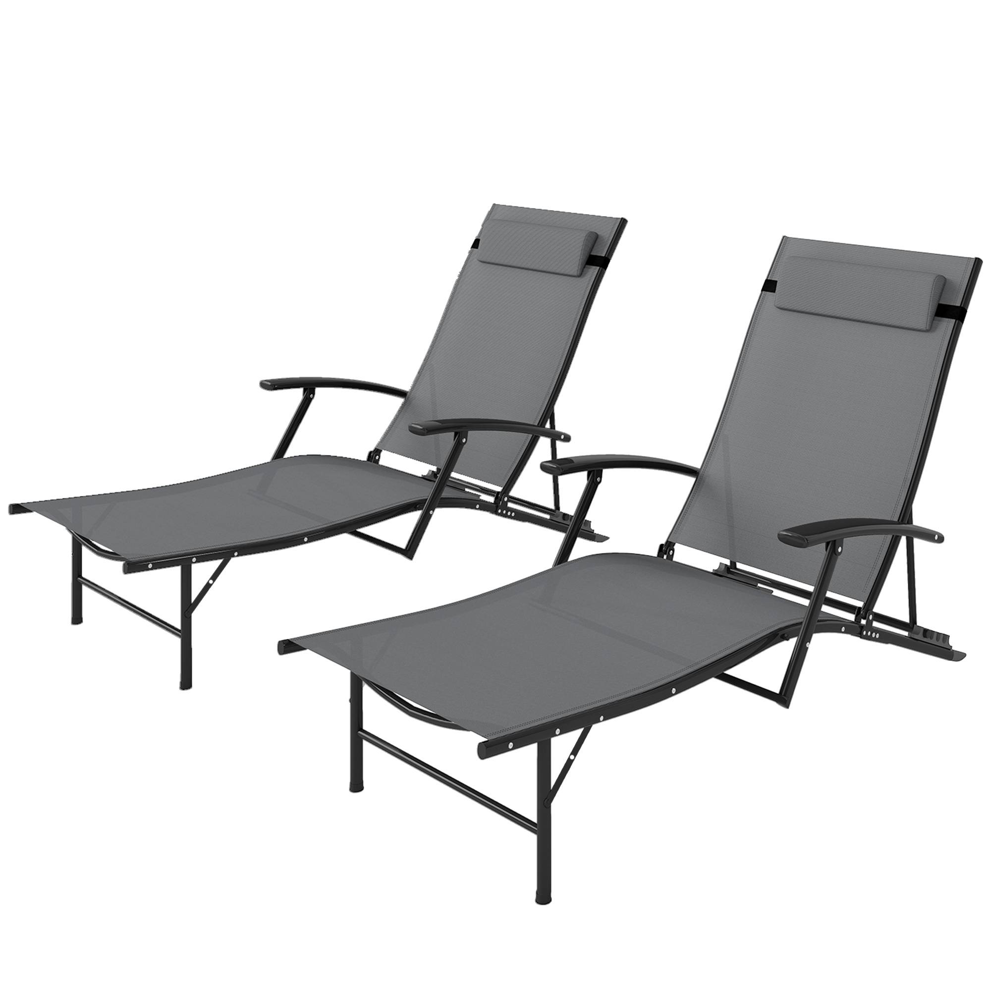 Lot de 2 chaises longues jardin pliantes dossier réglable 4 niveaux coussin gris, transats extérieurs - Image 2