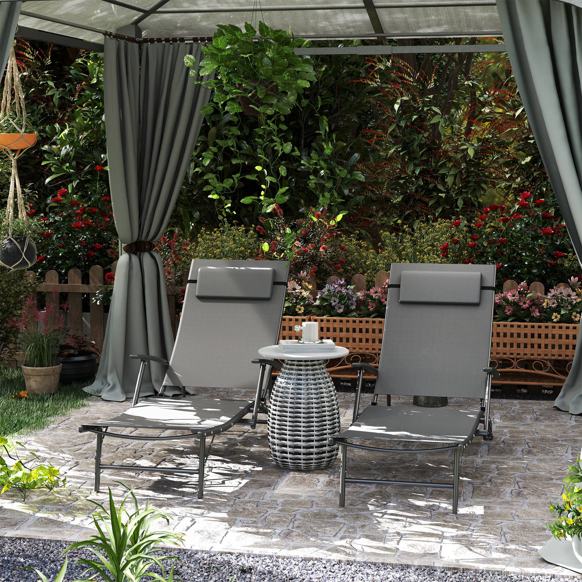 Lot de 2 chaises longues jardin pliantes dossier réglable 4 niveaux coussin gris, transats extérieurs - Image 3