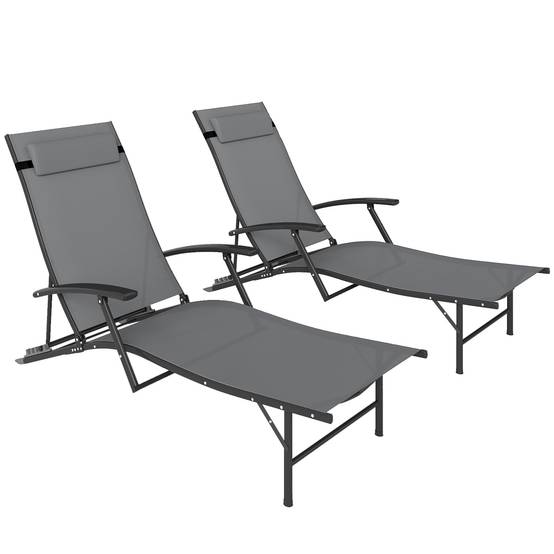 Lot de 2 chaises longues jardin pliantes dossier réglable 4 niveaux coussin gris, transats extérieurs - Image 1