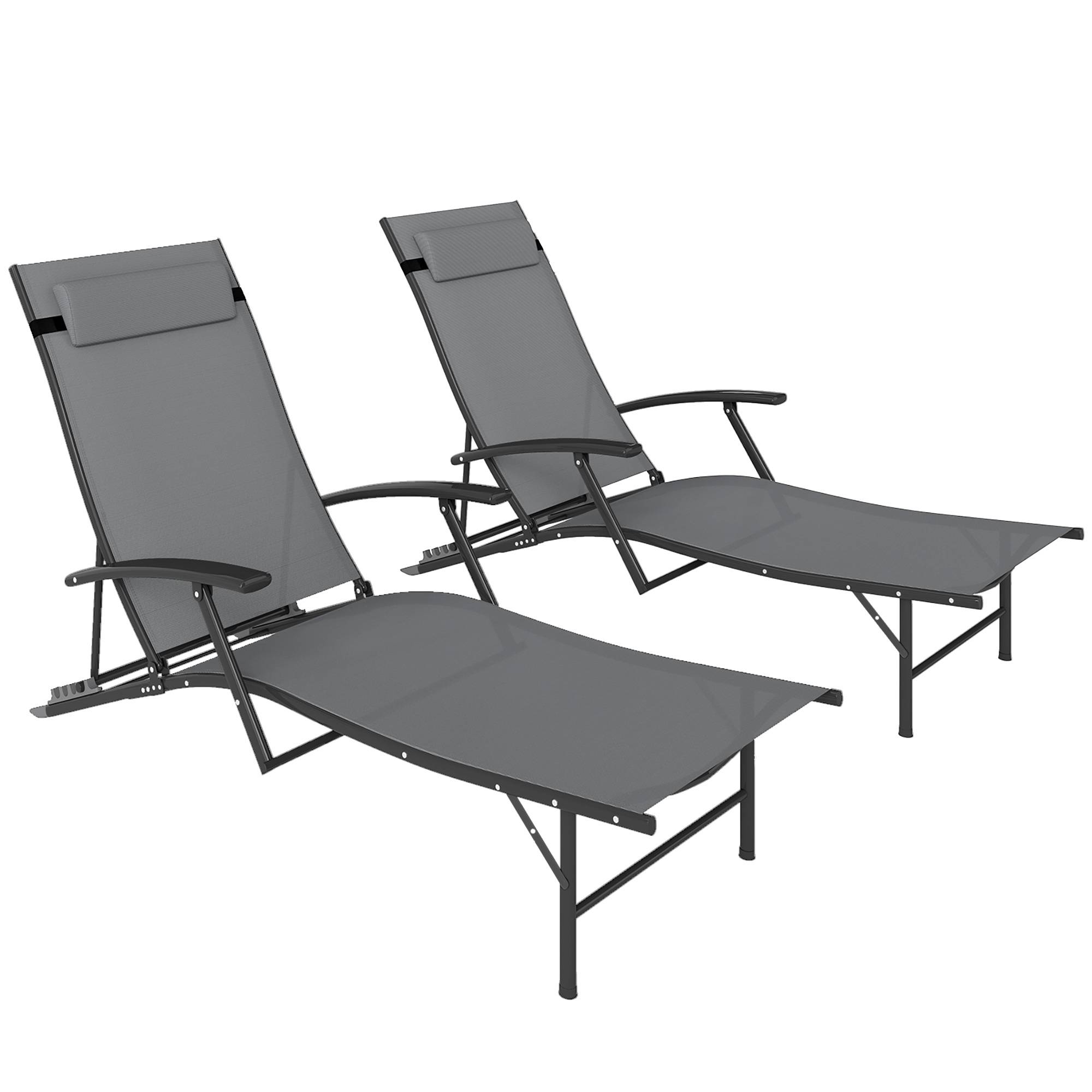 Lot de 2 chaises longues jardin pliantes dossier réglable 4 niveaux coussin gris, transats extérieurs - Image 1
