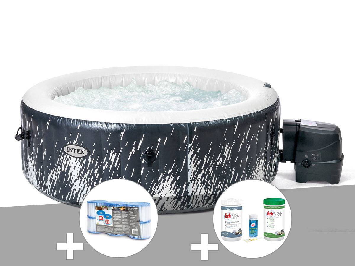 Kit spa gonflable Intex PureSpa Galaxie rond Bulles avec LED 4 places + 6 filtres + Kit de traitement brome