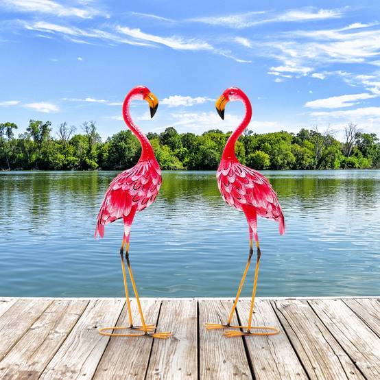 Lot de 2 Statue de Flamant Rose pour Jardin Cadre en Métal Imperméable Plumes de Couleur Dégradée Animaux Realiste - Image 5