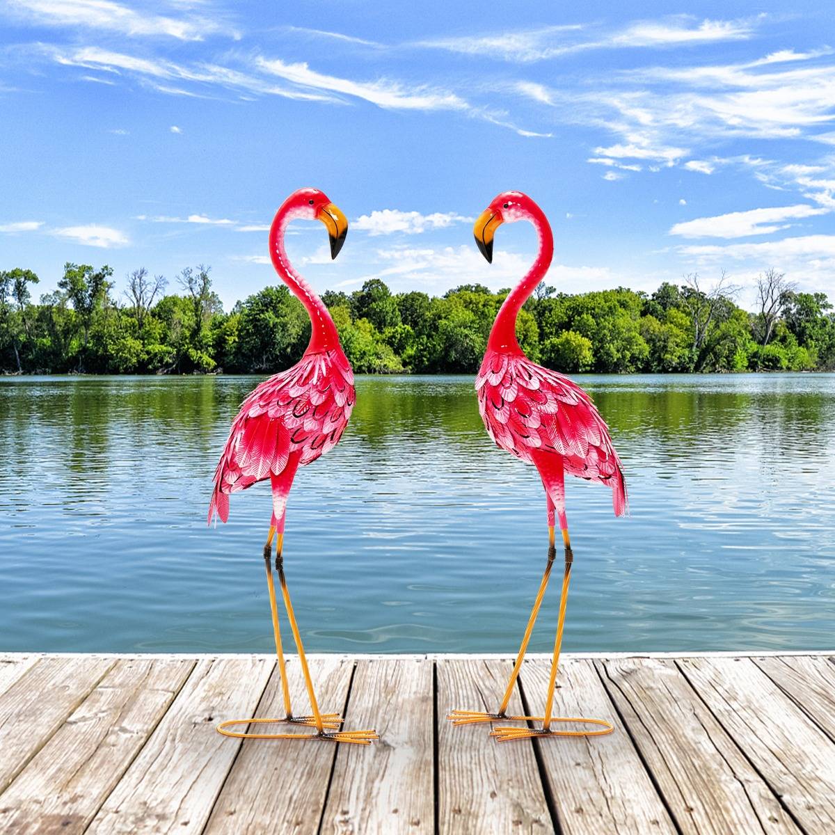 Lot de 2 Statue de Flamant Rose pour Jardin Cadre en Métal Imperméable Plumes de Couleur Dégradée Animaux Realiste - Image 5