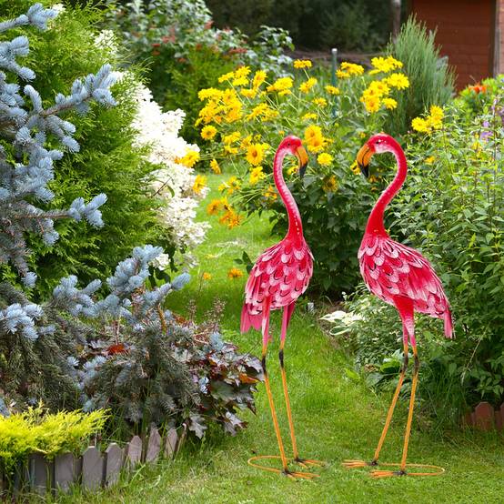 Lot de 2 Statue de Flamant Rose pour Jardin Cadre en Métal Imperméable Plumes de Couleur Dégradée Animaux Realiste - Image 3