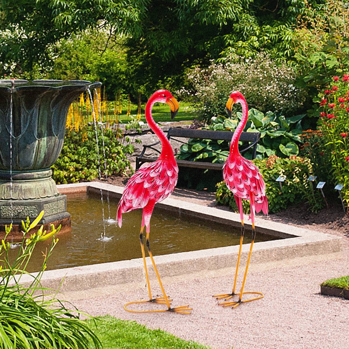Lot de 2 Statue de Flamant Rose pour Jardin Cadre en Métal Imperméable Plumes de Couleur Dégradée Animaux Realiste - Image 2