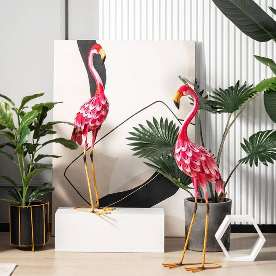 Lot de 2 Statue de Flamant Rose pour Jardin Cadre en Métal Imperméable Plumes de Couleur Dégradée Animaux Realiste - Image 4