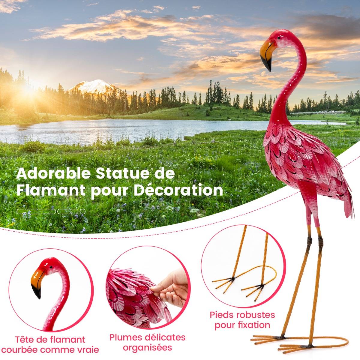 Lot de 2 Statue de Flamant Rose pour Jardin Cadre en Métal Imperméable Plumes de Couleur Dégradée Animaux Realiste - Image 7