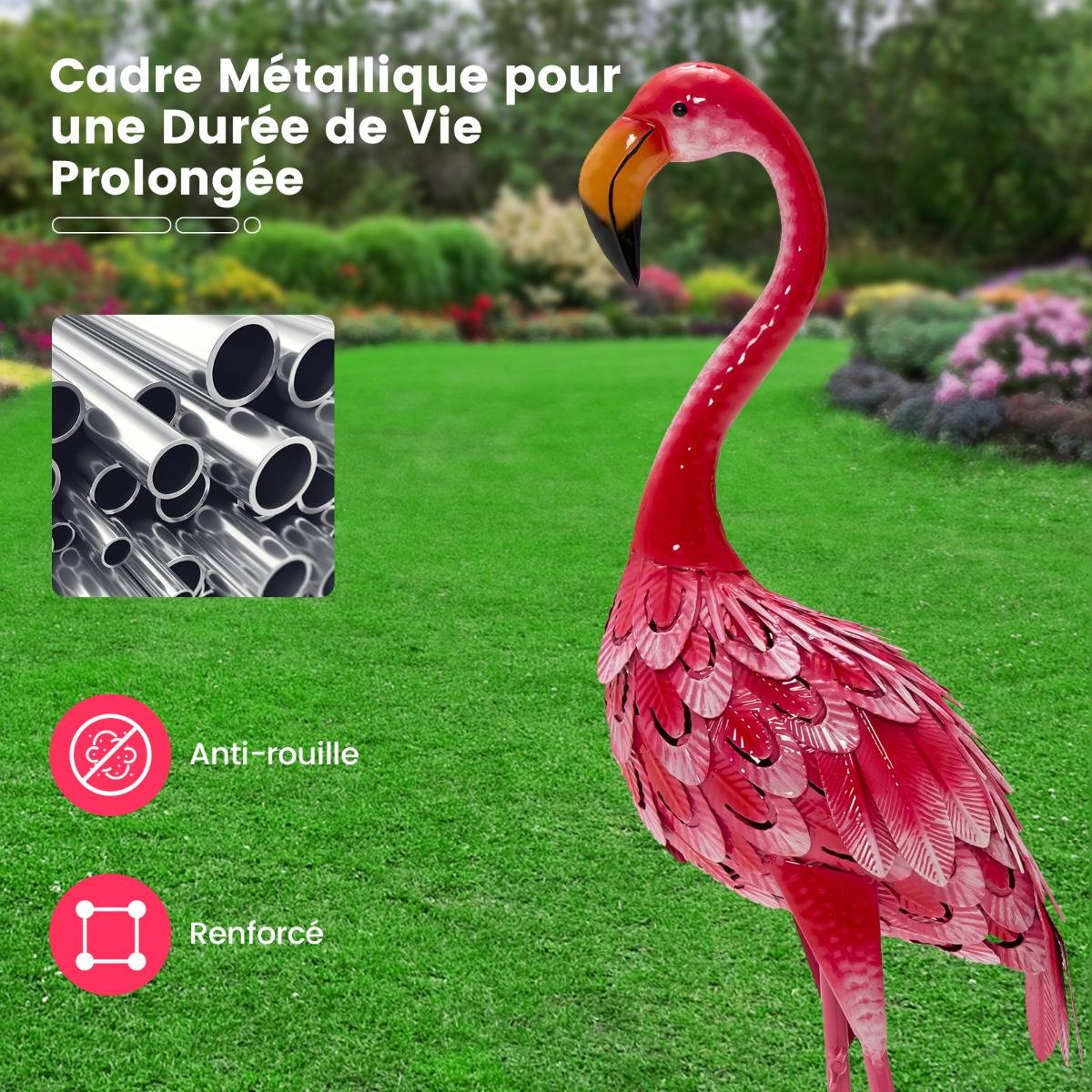 Lot de 2 Statue de Flamant Rose pour Jardin Cadre en Métal Imperméable Plumes de Couleur Dégradée Animaux Realiste - Image 8
