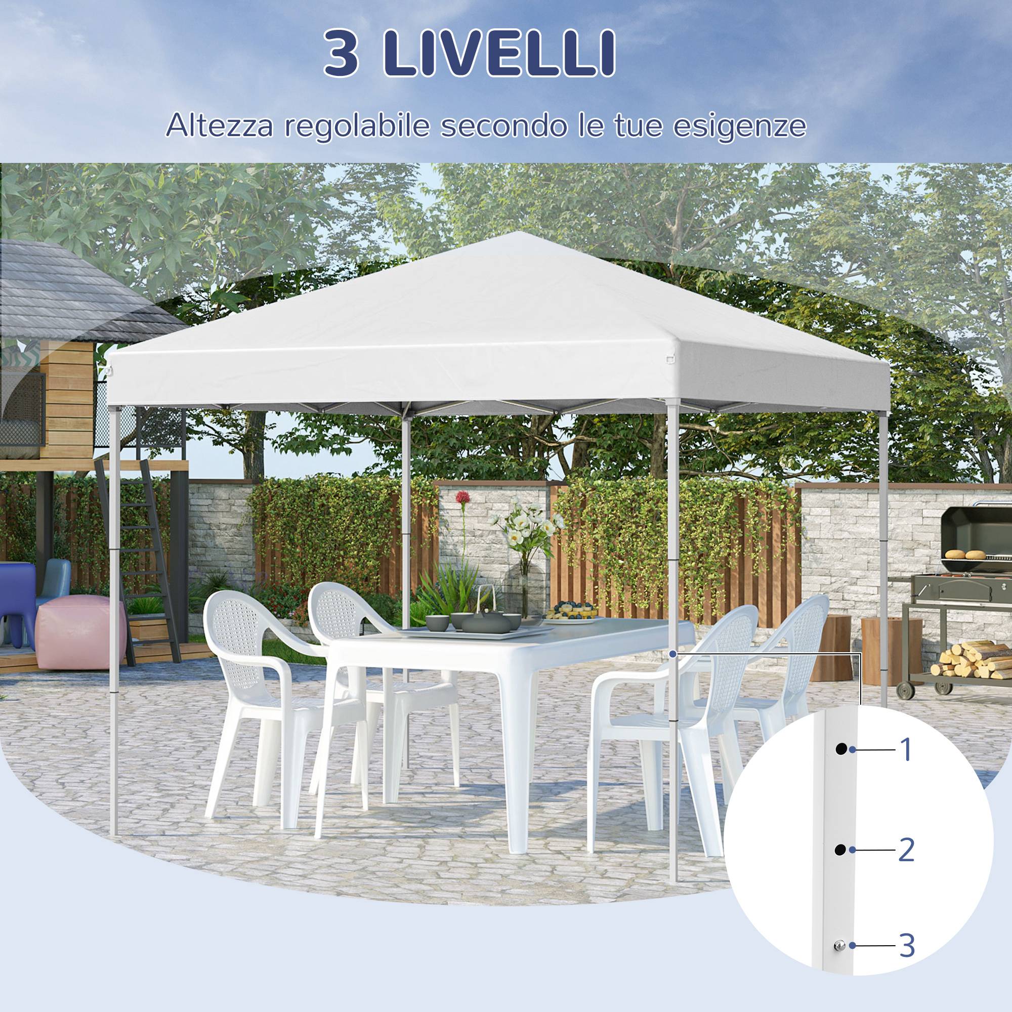 Tonnelle pliante étanche 2,5 x 2,5 m avec cordes et piquets, structure en acier et toile Oxford, blanche - Image 9