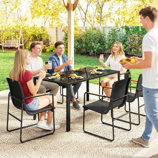 ComfortXL - Salon de jardin 7 pièces acier galvanisé noir table verre 150 x 80 cm 6 chaises respirantes repas extérieur - Image 9