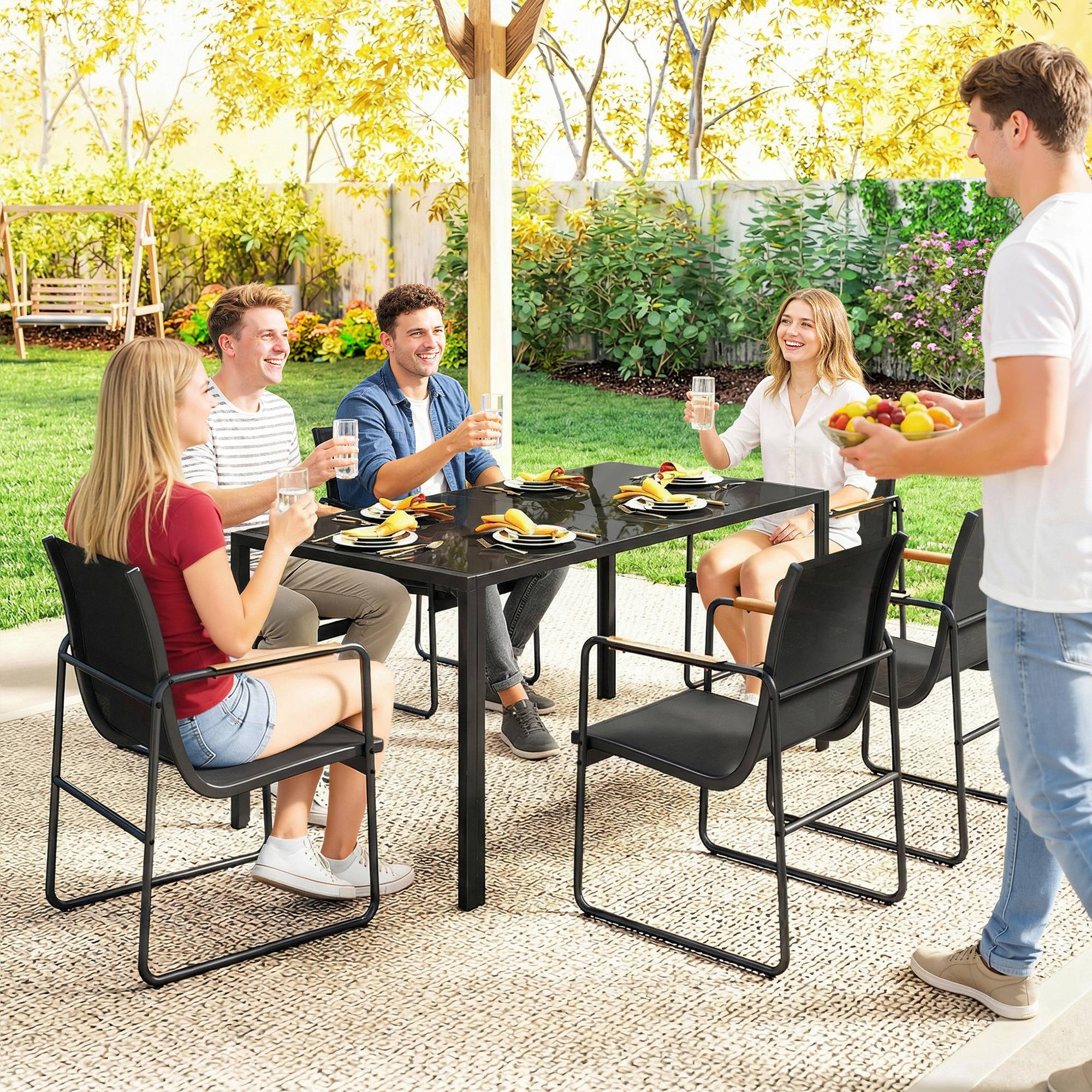 ComfortXL - Salon de jardin 7 pièces acier galvanisé noir table verre 150 x 80 cm 6 chaises respirantes repas extérieur - Image 9