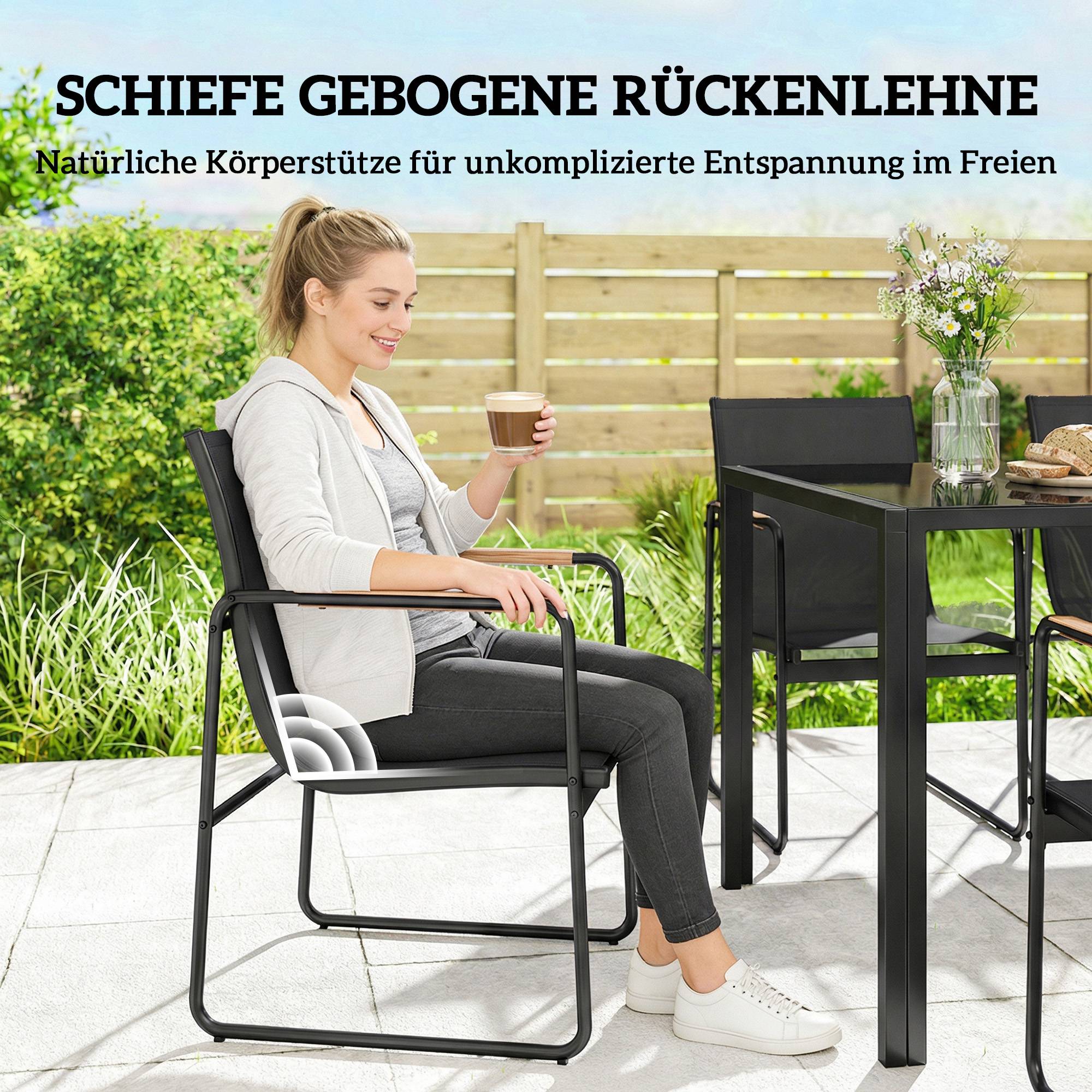 ComfortXL - Salon de jardin 7 pièces acier galvanisé noir table verre 150 x 80 cm 6 chaises respirantes repas extérieur - Image 5