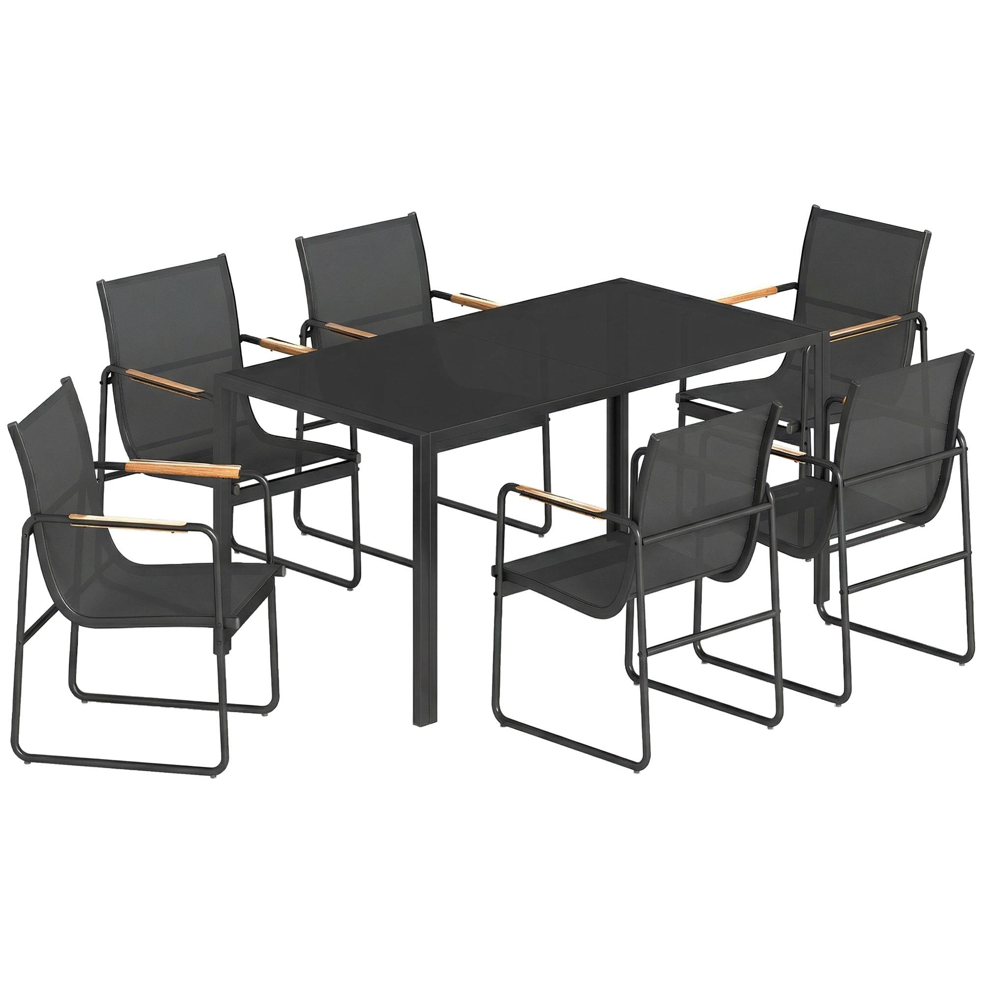 ComfortXL - Salon de jardin 7 pièces acier galvanisé noir table verre 150 x 80 cm 6 chaises respirantes repas extérieur - Image 10