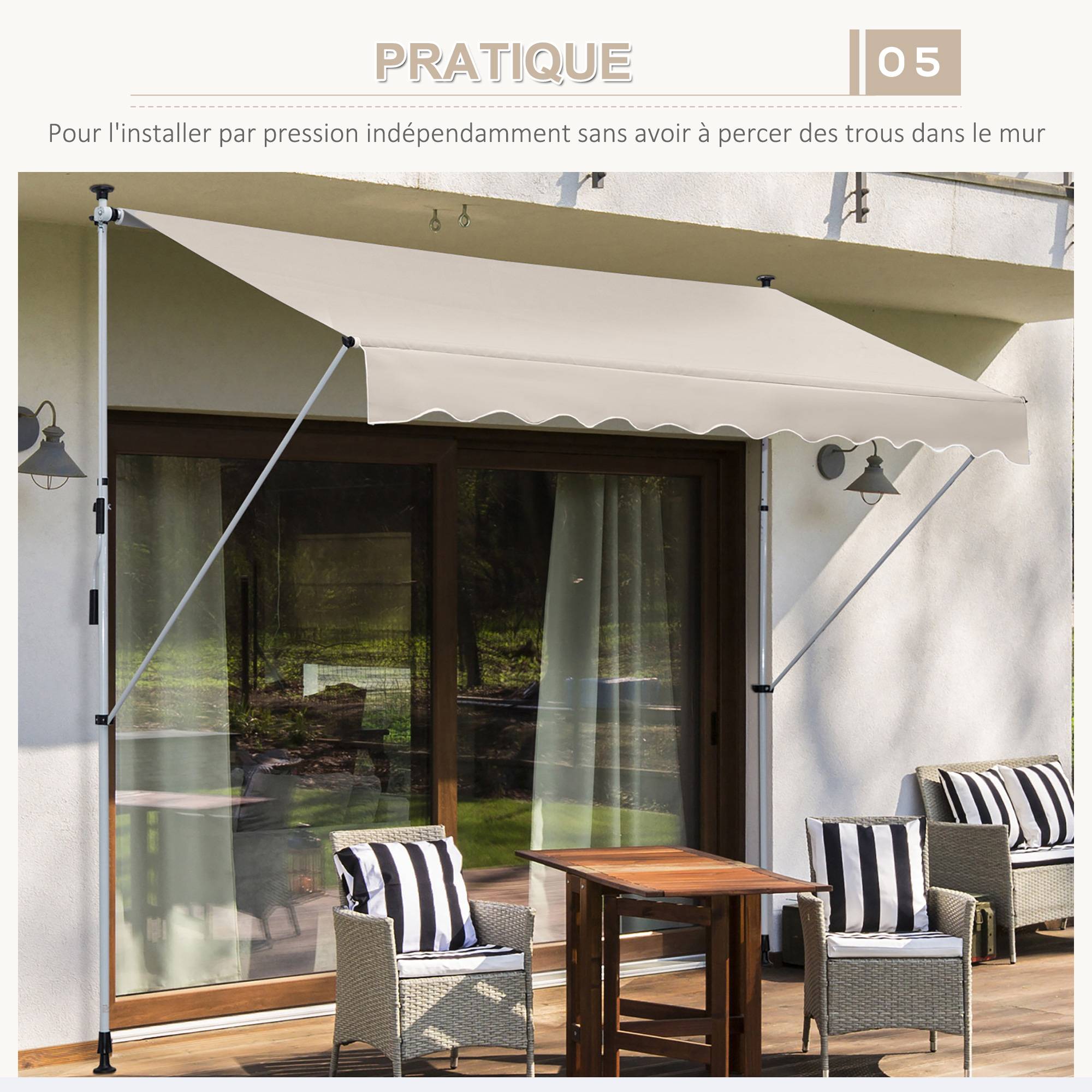 Store Banne Manuel Rétractable 4 x 1,2 m, Sans Perçage, Hauteur et Inclinaison Réglables, Aluminium et Polyester Anti-UV, Kaki - Image 10